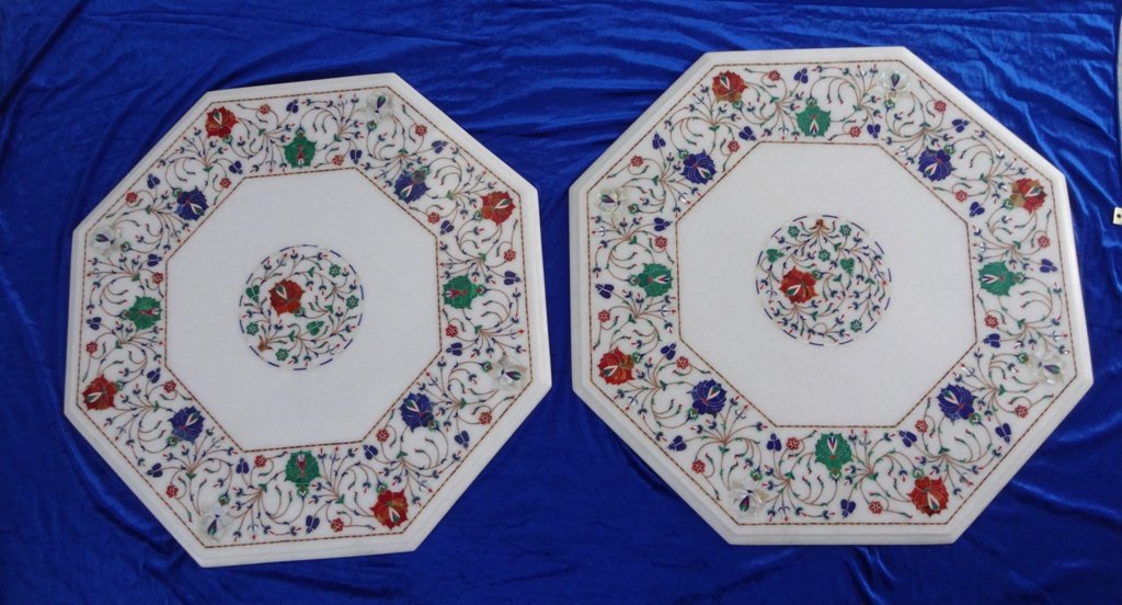 24 Inch White Marble Coffee Table Top with Floral Pietra Dura Inlay Art - Mughal Design Decorative Home Decor for Living Room & Office