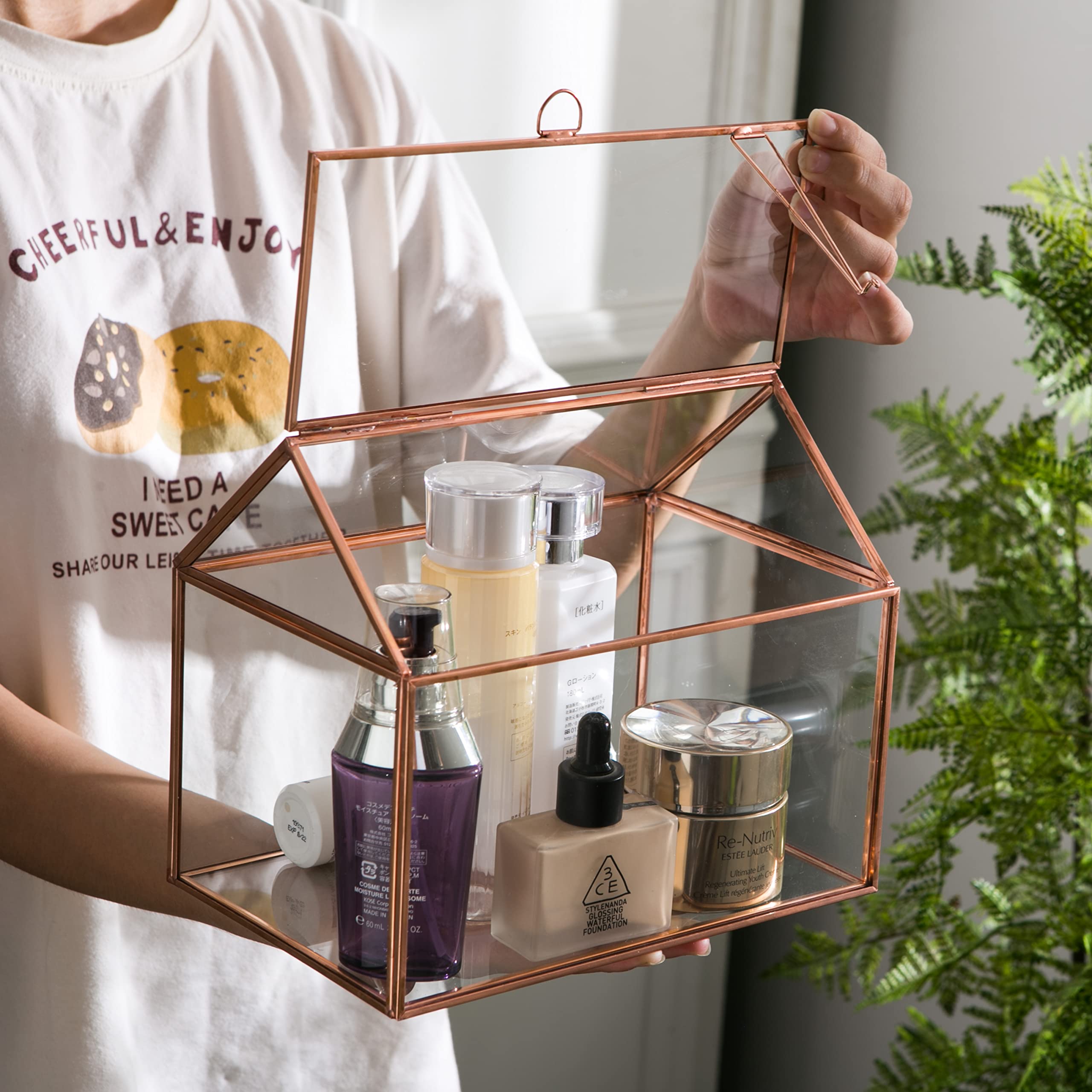 Rose Gold Geometric Glass Terrarium with Swing Lid - House Shape Tabletop Planter for Succulents, Air Plants, Moss & Ferns - Perfect for Home Decor, Office Desk & Reptile Habitat