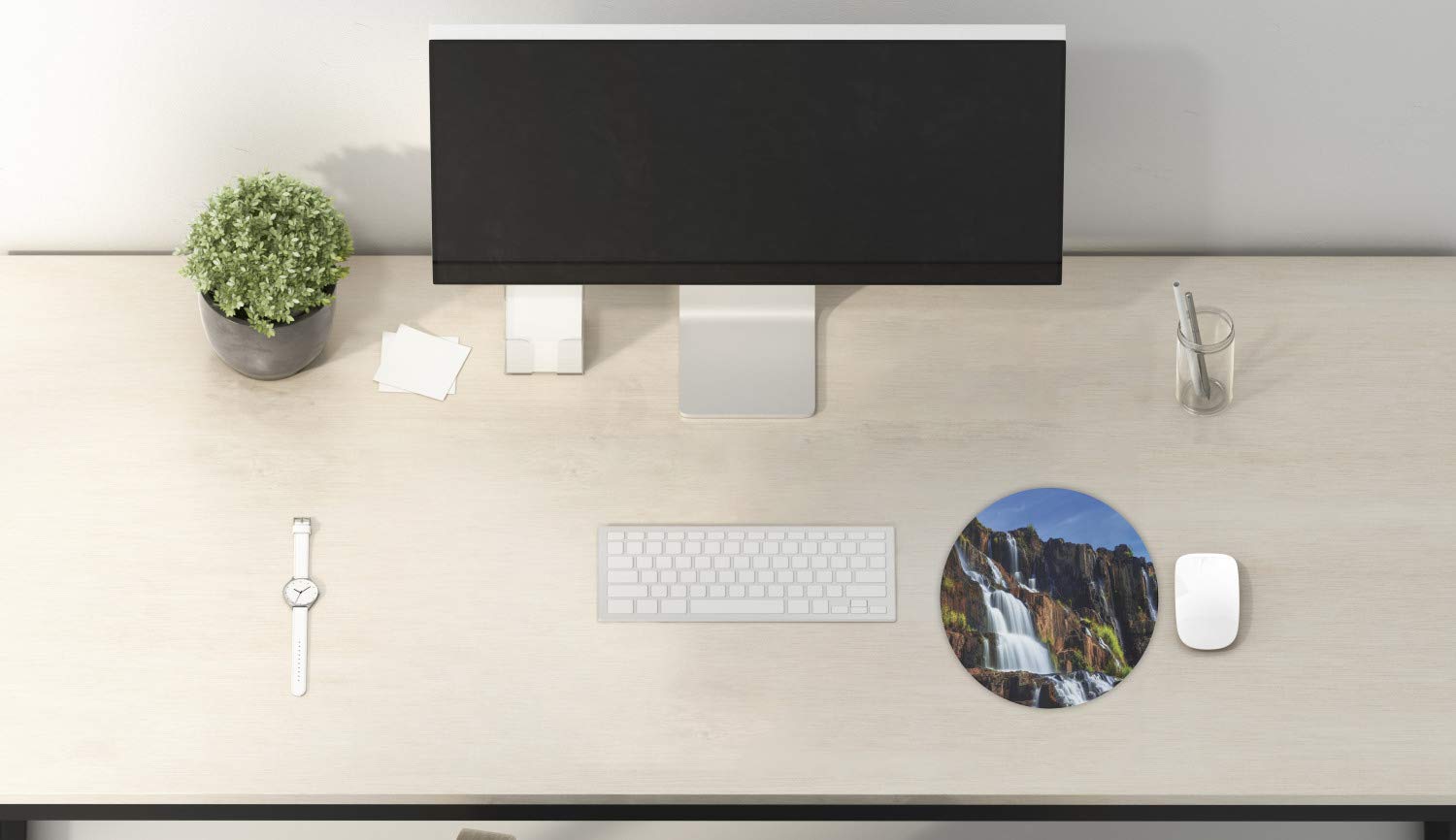 Ambesonne Round Non-Slip Rubber Gaming Mouse Pad - 8 Inch Rainforest Waterfall Landscape Design with Pongour Falls & Mountain Rocks Print - Perfect for Office, Computer, Laptop & Gaming Setup (White & Blue)