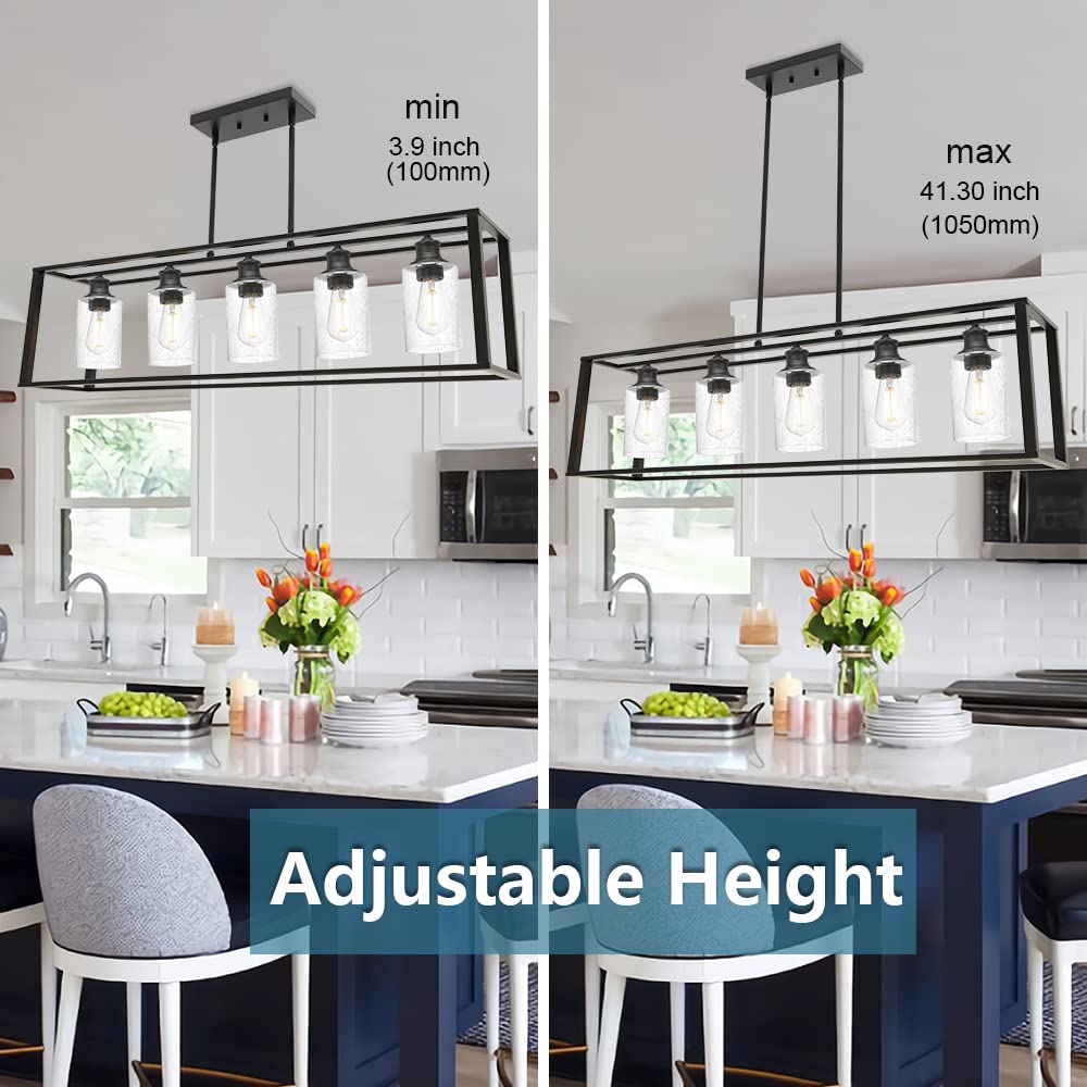 5-Lights Modern Linear Chandelier - Black Industrial Kitchen Island Lighting with Seeded Glass for Dining Room, Farmhouse Ceiling Pendant Lights Over Table | Perfect for Kitchen Islands, Dining Areas, and Open Concept Spaces