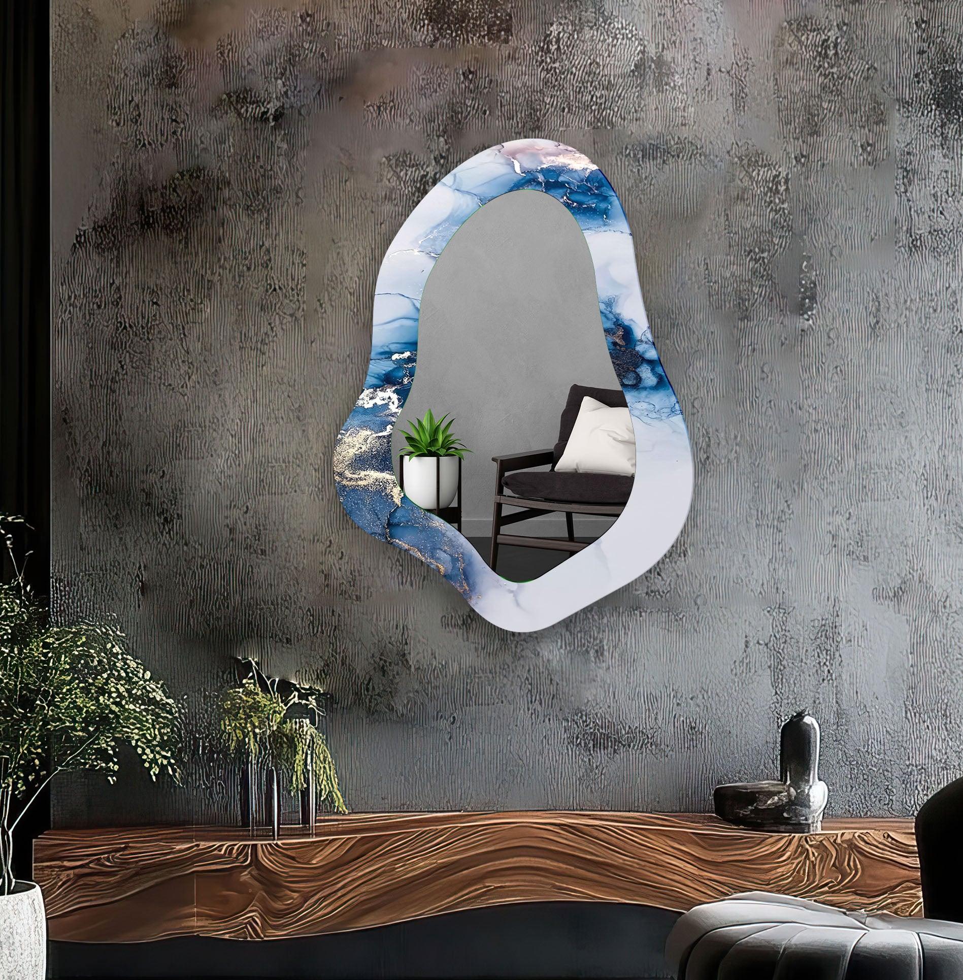 Blue Alcohol Ink Irregular Shaped Wall Mirror - Unique Handmade Decorative Mirror for Living Room, Bedroom, or Bathroom