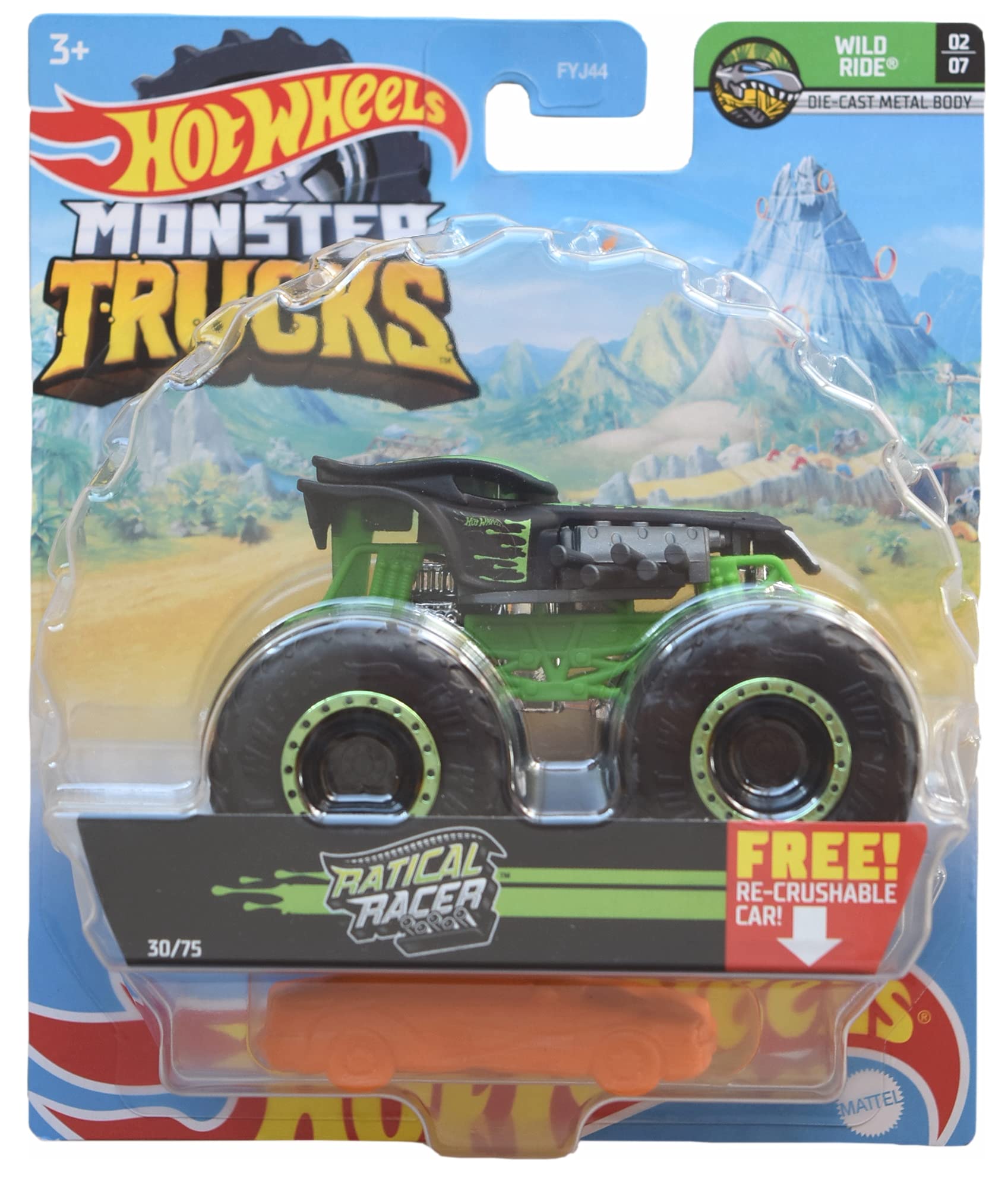Hot Wheels Monster Trucks Ratical Racer 1:64 Scale Die-Cast Re-Crushable Toy Car - Black Edition (30/75) for Kids Collection & Stunt Racing Play