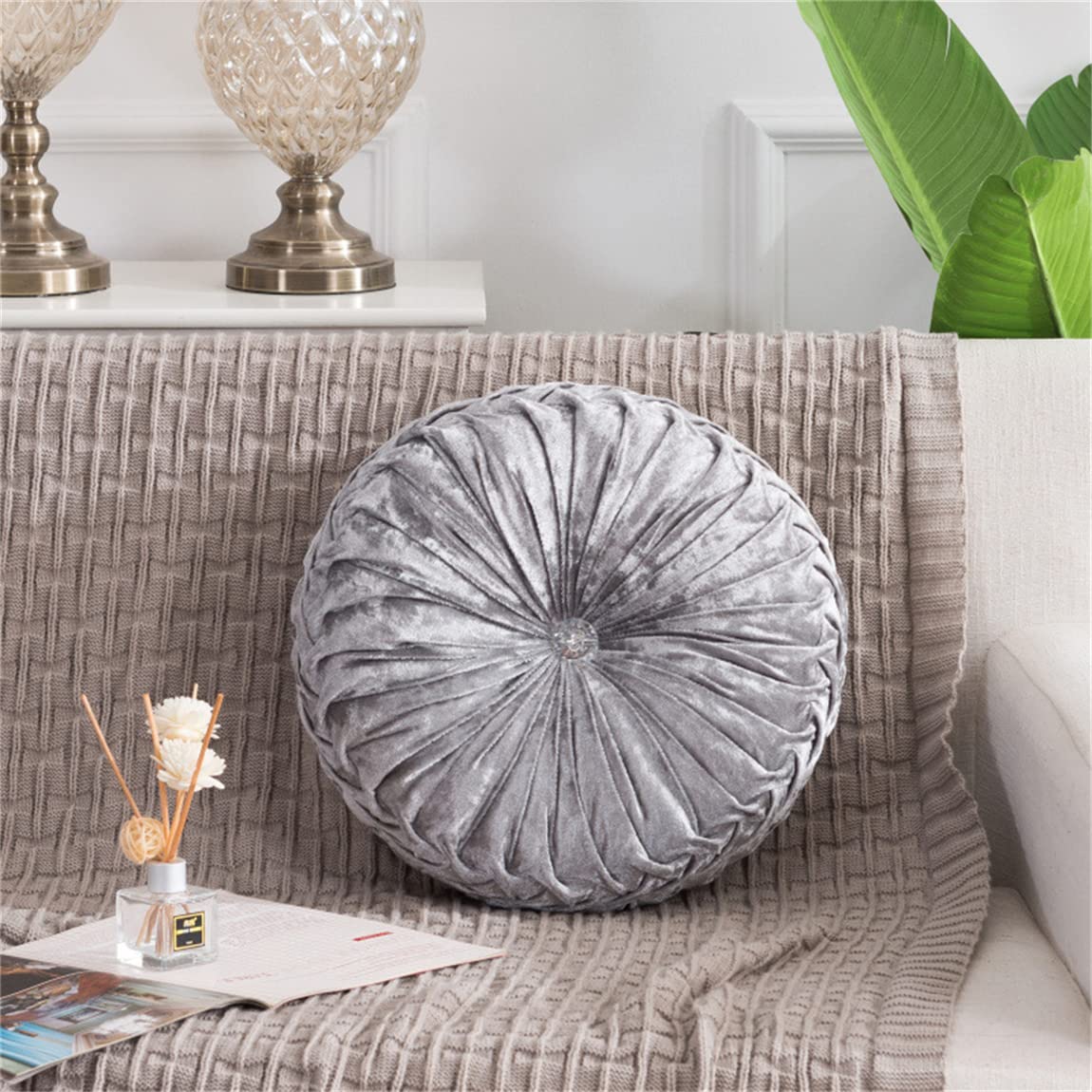 3D Velvet Round Throw Pillow - Soft Pumpkin Decorative Cushion for Couch, Bed, Floor & Car Decor (Grey) | Cozy Home Accent & Seasonal Fall Decorating