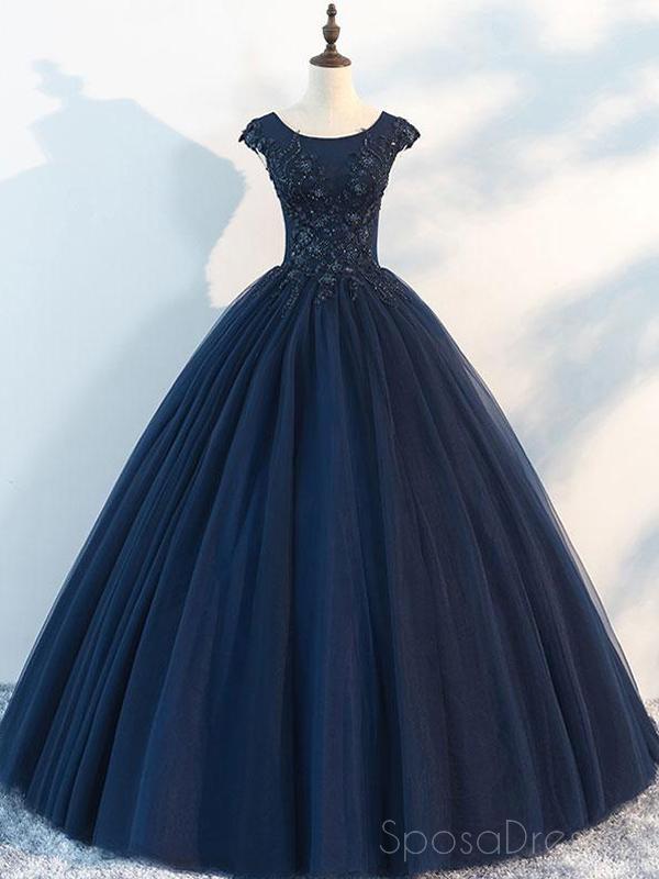 Elegant Navy Cap Sleeves Ball Gown Tulle Long Evening Prom Dress for Women - Custom Sweet 16 Dresses for Formal Events, Homecoming, Quinceañera & Special Occasions