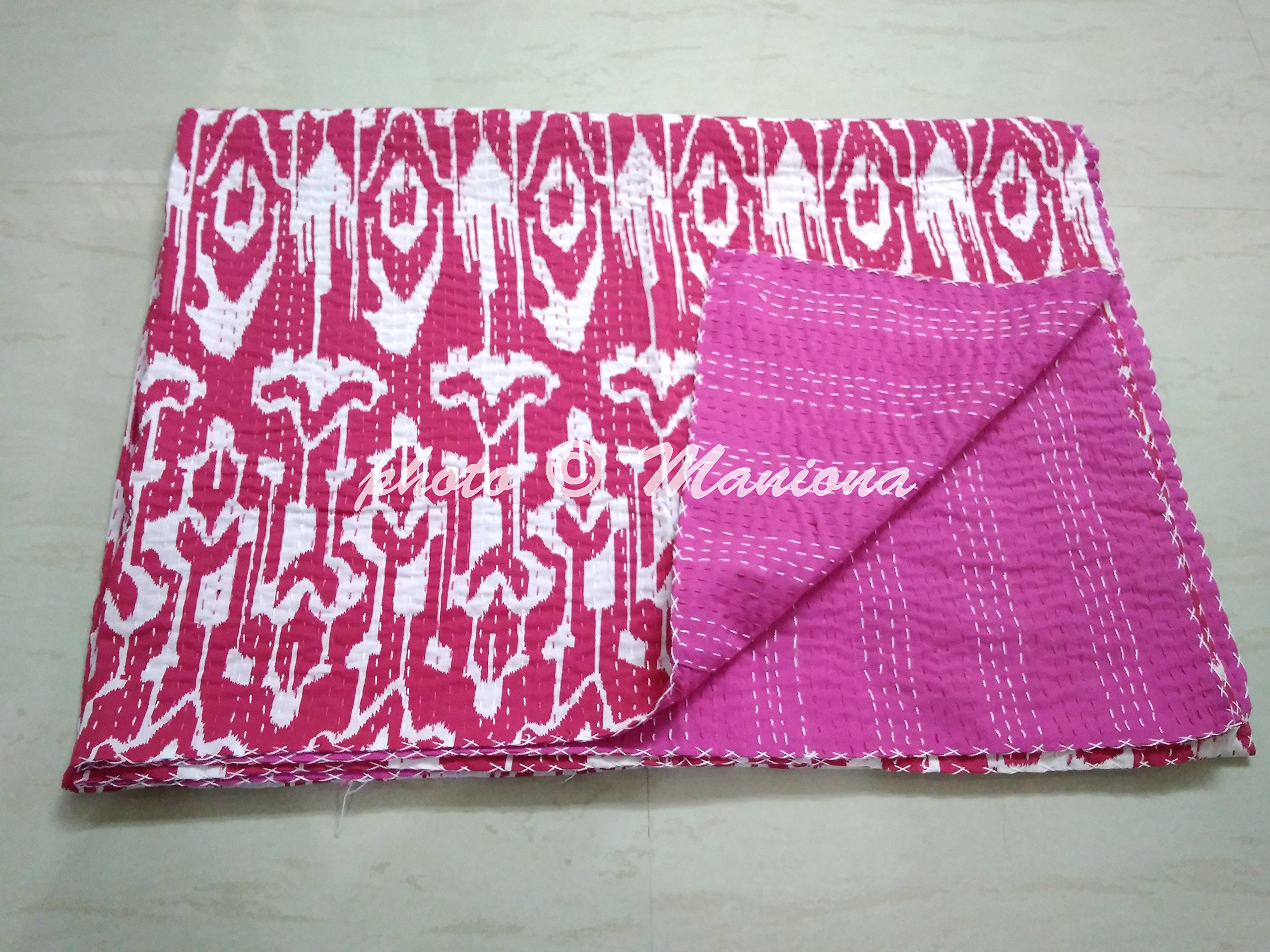 Handmade Ikat Throw Blanket - Kantha Quilt, Ralli Gudari Bedspread for Sofa, Bed & Home Decor - Cozy Boho Chic Cotton Blanket for Living Room, Bedroom & Outdoor Use