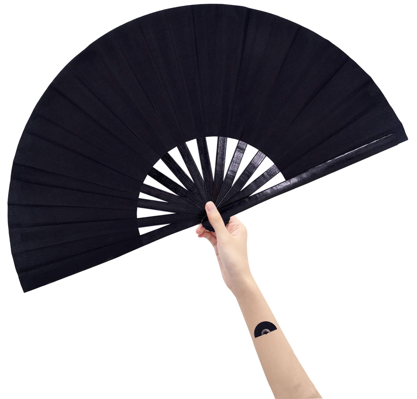 Amajiji Large Folding Hand Fan for Women & Men - Traditional Chinese Japanese Bamboo Nylon Cloth Fan - Perfect for Dance Performances, Festivals, Weddings, Home Decor & Gifts (Black) - Elegant Cooling Accessory for Summer Events & Cultural Celebrations