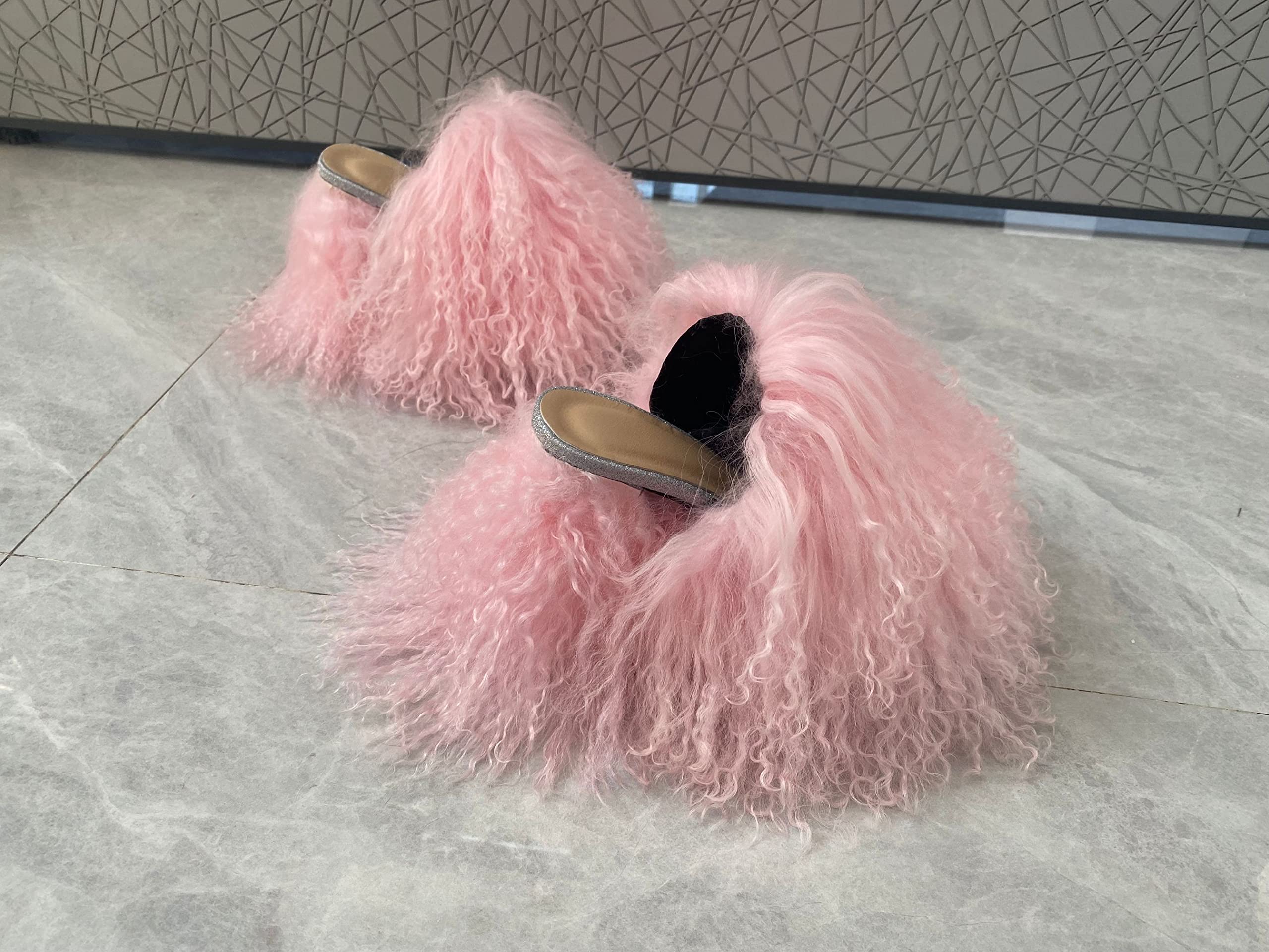 RSN3 Women's Summer High Heel Sandals - Peep Toe Mongolian Sheepskin Fur Slides for Ladies, Girls Night Out, Club Party, Shopping & Fashion Shows - Comfortable Summer Dress Shoes (Size 10, Green)