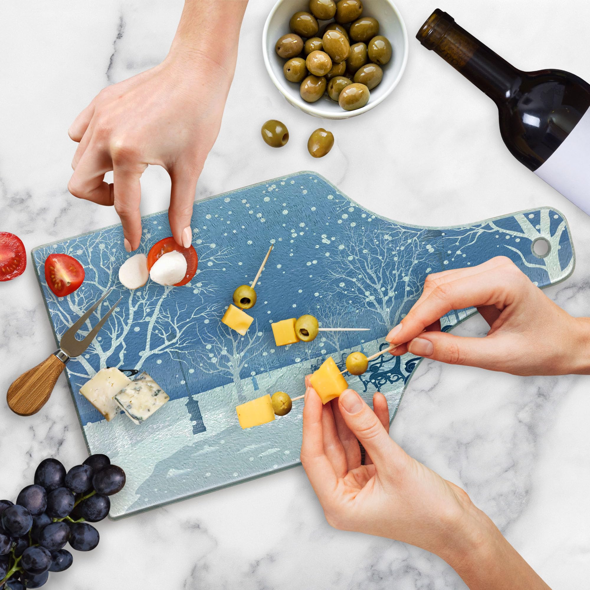 Snowy City Park Road Tempered Glass Cutting Board - Christmas-Themed Wine Bottle Shape Serving Board for Cheese, Charcuterie & Holiday Entertaining | Blue & White Decorative Kitchen Gift