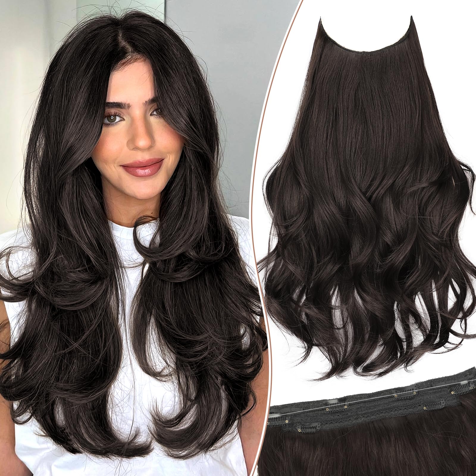 KooKaStyle 20-Inch Invisible Wire Clip-In Hair Extensions - Long Wavy Layered Synthetic Hairpieces with Transparent Wire & 6 Adjustable Secure Clips - Dark Brown Thick Hair Extensions for Women - Perfect for Parties, Weddings & Daily Styling