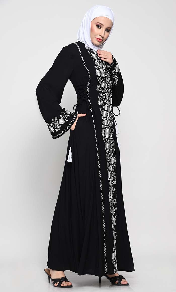 Elegant Rayon A-Line Abaya Dress with Contrast Floral Embroidery & Bell Sleeves - Perfect for Ramadan, Eid, Mosque & Special Occasions