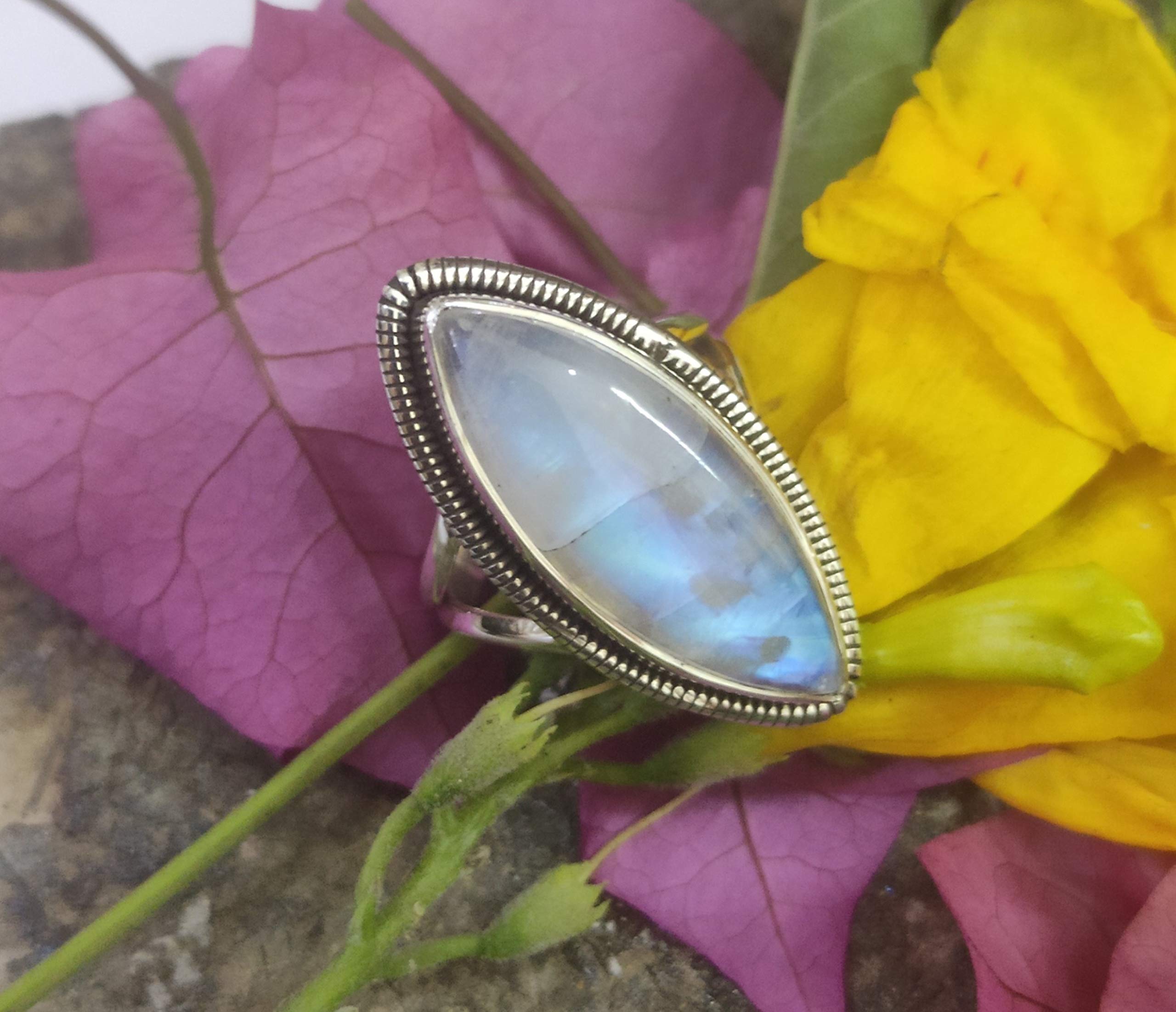 Genuine Rainbow Moonstone Ring - 925 Sterling Silver Marquise Gemstone Ring for Engagement, Promise, June Birthstone & Anniversary | Victorian Style Bohemian Jewelry - Perfect Unique Gift for Women, Brides & Boho Lovers (Ideal for Weddings, Proposals & Special Occasions)