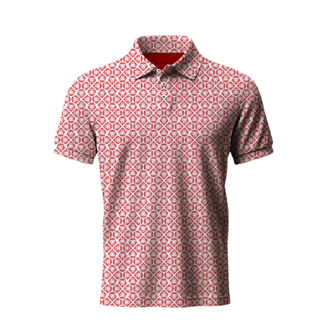 Lion Shield Red and White Striped Short Sleeve Polo Shirt for Men - Classic Fit Casual Wear for Golf, Office & Summer Outings