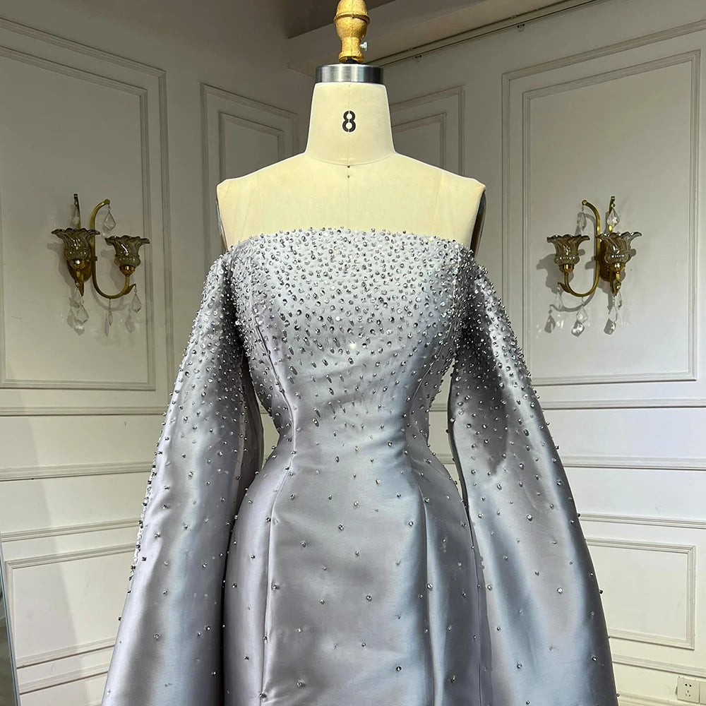 Luxury Dubai Off Shoulder A-Line Gray Satin Evening Gown with Pearl Beading - Elegant Formal Dress for Prom, Wedding & Gala Events LA72779