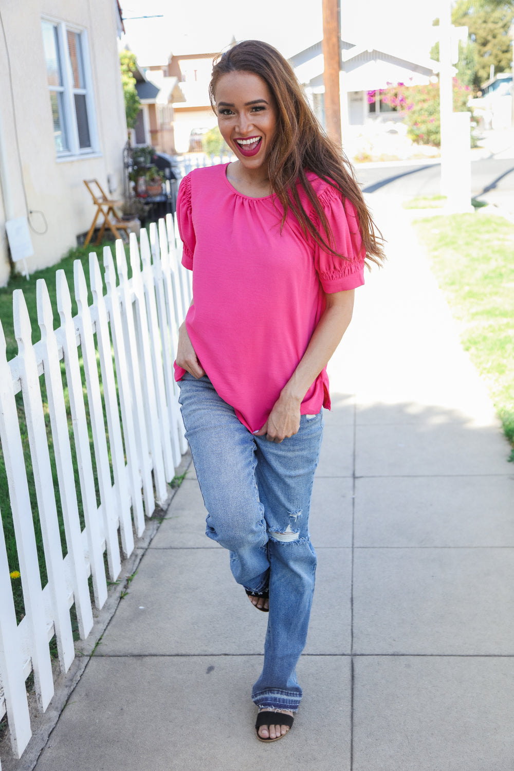 Perfectly You Solid Fuchsia Silk Shirred Cap Short Sleeve Blouse for Women | Elegant Casual & Office Wear | Summer Fashion Top