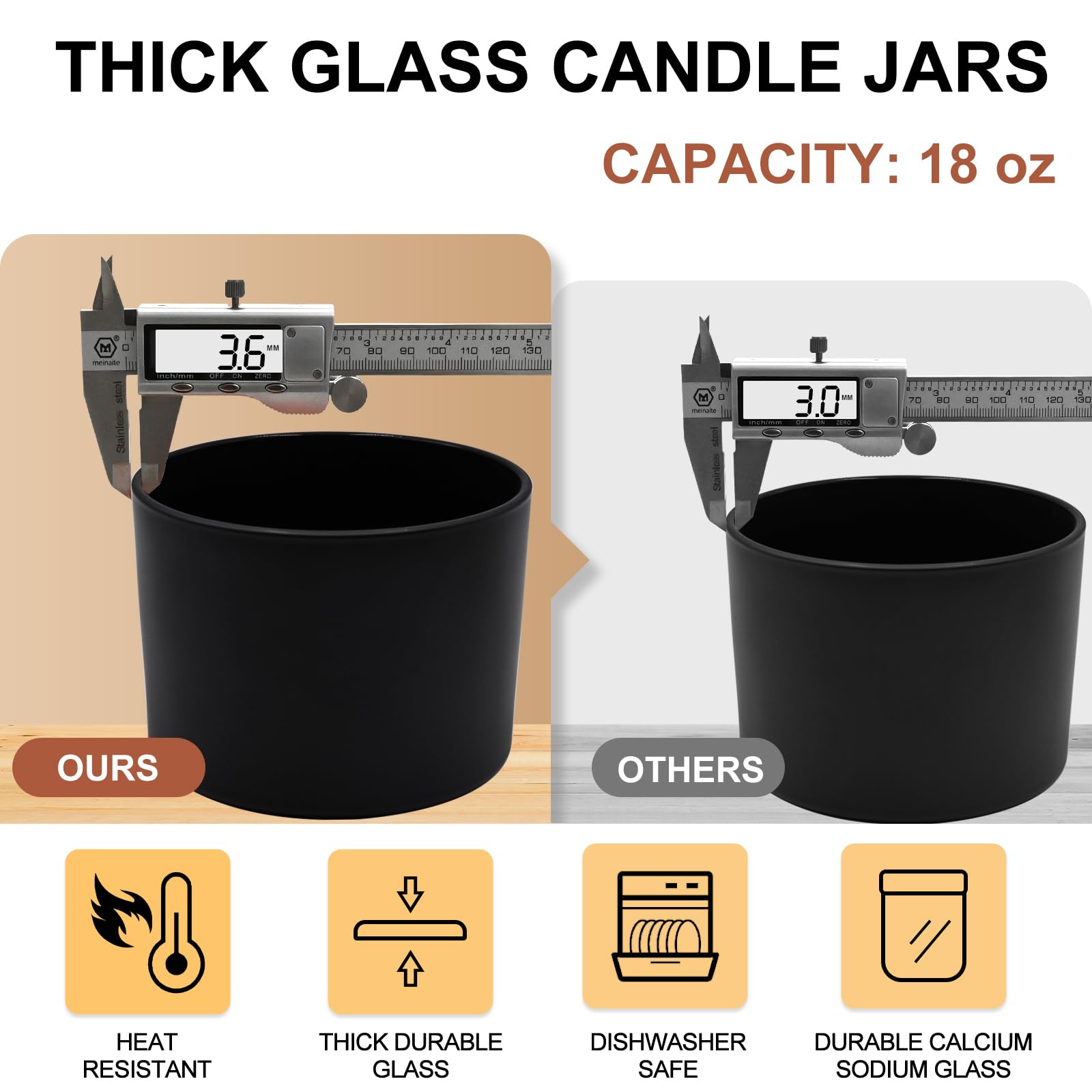 18 oz Thick Glass Candle Jars with Wooden Lids - 6 Pack Empty Candle Containers for DIY Candle Making, Home Decor & Gifts - Matte Black Finish for Rustic & Modern Interiors