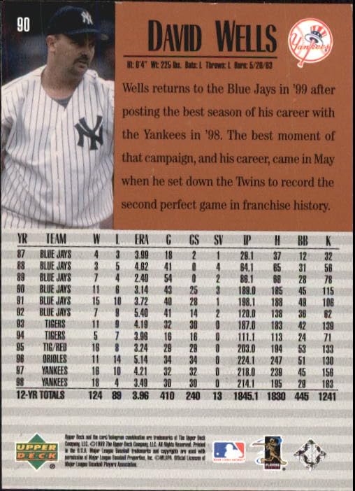 1999 Upper Deck Century Legends #90 David Wells MLB Baseball Trading Card - Rare Collectible for Sports Fans & Memorabilia Enthusiasts - Perfect for Display, Gifts, and Investment