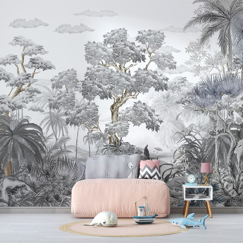 Elegant Black and White Jungle Mural Wallpaper - Nature-Inspired Peel and Stick Wall Decor for Living Room, Bedroom, Nursery | Perfect for Boho, Safari or Tropical Theme Rooms