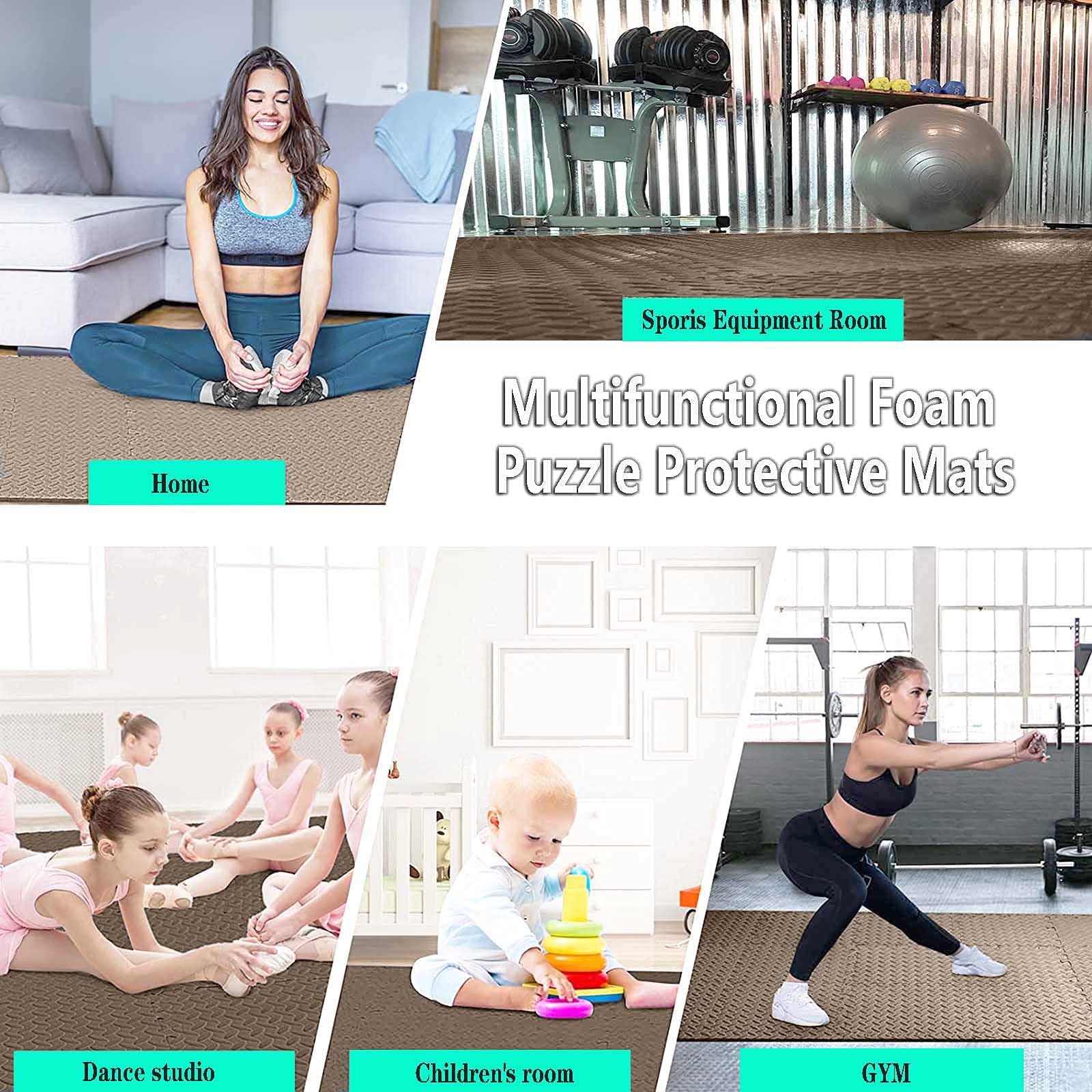 Interlocking Foam Floor Mats 60x60x1.2cm - Non-Slip Puzzle Exercise Tiles with Borders for Gym, Home Workout & Yoga - 12-Piece Set (Brown Leaf Design) - Perfect for Home Gym, Kids Play Area & Fitness Training