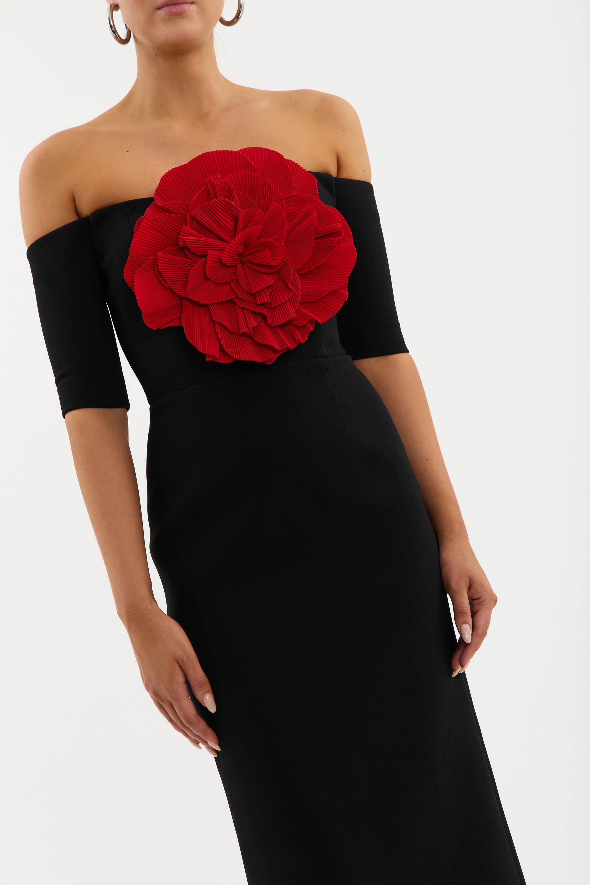 Rhosen Women's Off The Shoulder Midi Dress - Flowy Summer Dress for Beach, Party & Date Night | Elegant Ruffled Sleeve Dress for Weddings & Vacations