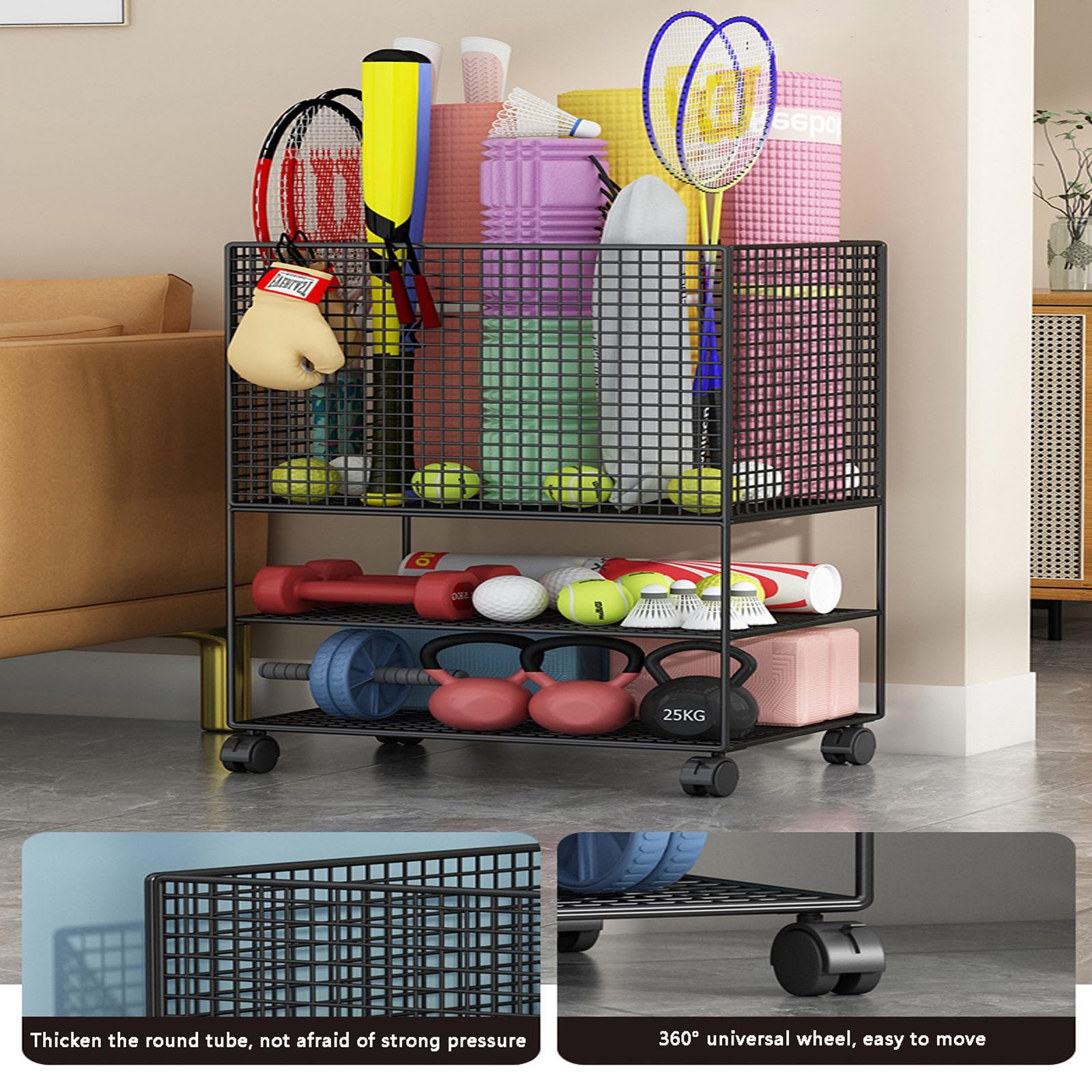 Universal Wheel Yoga Mat Organizer - Sports Equipment Storage Rack for Home Gym, Badminton Racket Holder with Removable Shelves | Perfect for Yoga Studios, Fitness Rooms & Sports Equipment Organization