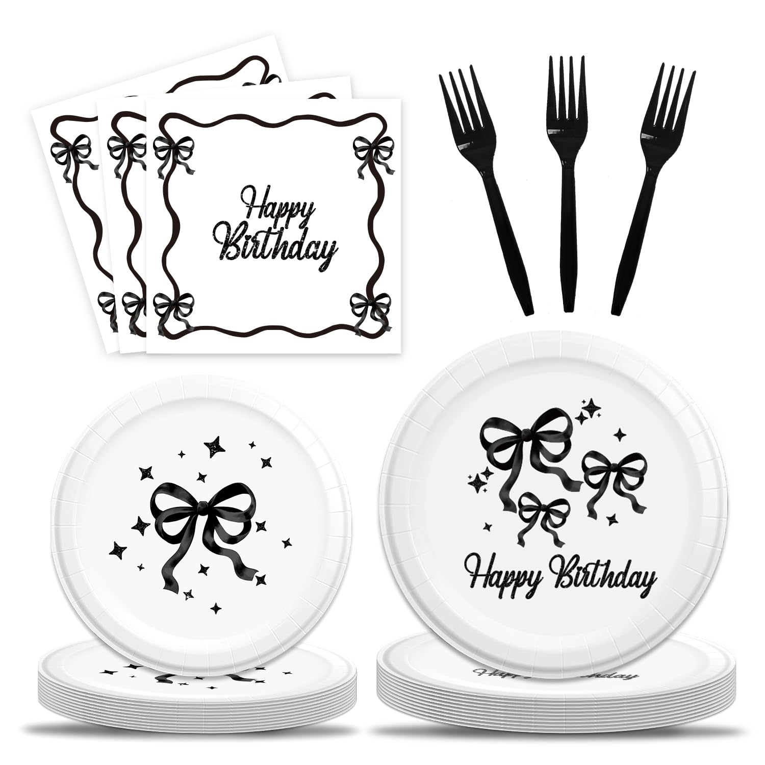 96Pcs Black Bow Birthday Party Supplies Set - Includes Napkins, Plates & Forks - Elegant Black Bow Themed Tableware for Girls Birthday Party Decorations | Perfect for Birthday Celebrations, Baby Showers & Themed Events