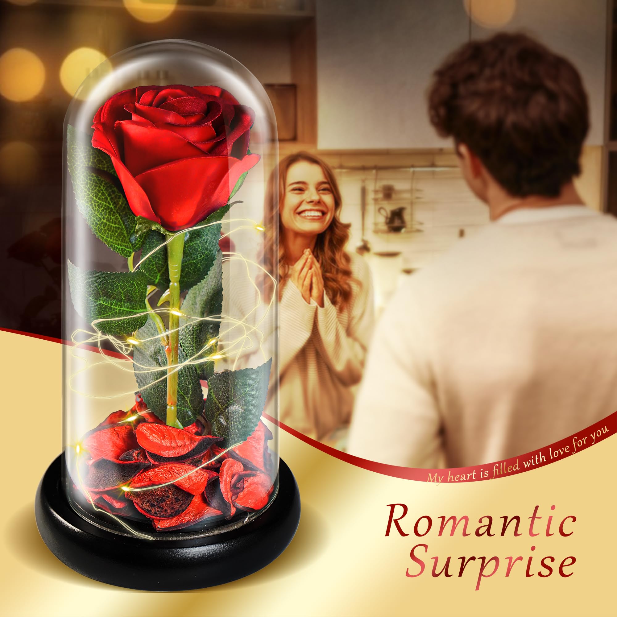 Forever Silk Rose in Glass Dome - Valentine's Day, Birthday & Mother's Day Gift for Women - Light Up Preserved Roses with Galaxy Red Silk Flower - Romantic Home Decor & Special Occasion Present