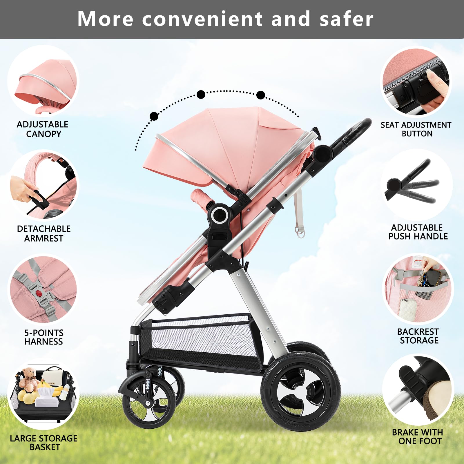 Blahoo 2-in-1 Baby Stroller for Newborns & Toddlers | Foldable Lightweight Aluminum Alloy Pushchair with Adjustable Backrest & Canopy | Perfect for City Walks, Shopping & Travel