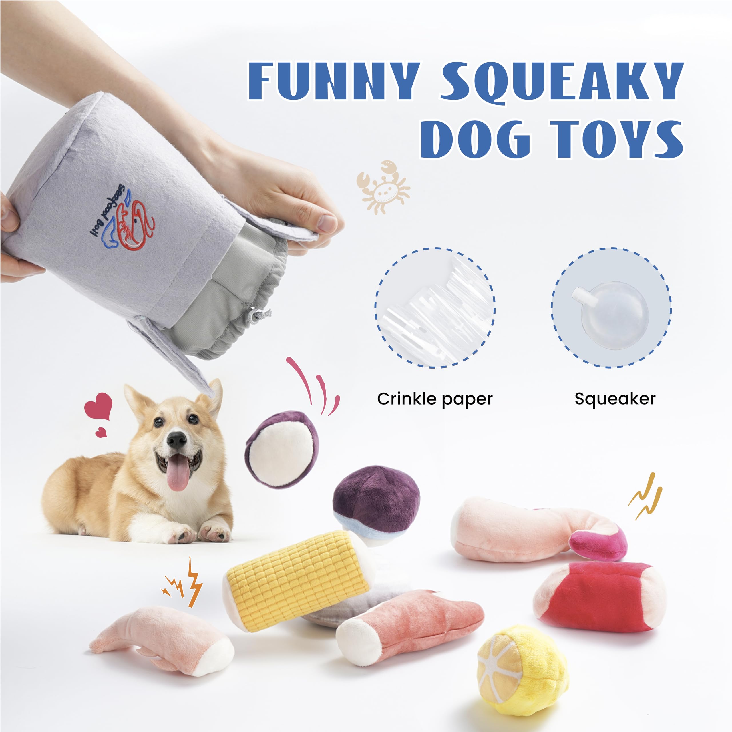 10 PCS Seafood Boil Crinkle Squeaky Dog Toys - Plush Stuffed Puppy Chew Toys for Small & Medium Dogs - Perfect for Boredom Relief, Teething & Interactive Playtime at Home or Outdoors
