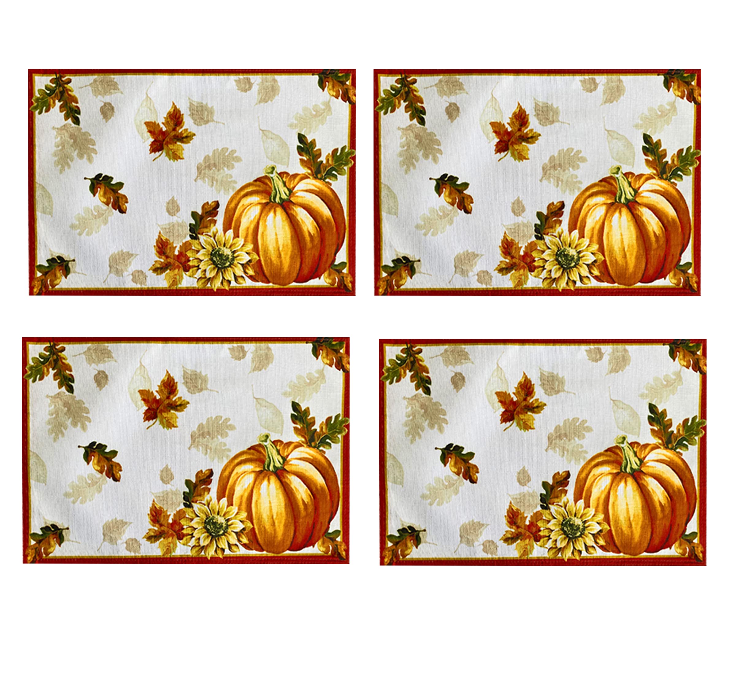 Newbridge Thanksgiving Autumn Harvest Bordered Fabric Placemats - Set of 4 Fall-Themed Pumpkin & Sunflower Print Table Mats - Soil & Stain Resistant for Holiday Dining, Dinner Parties & Cozy Family Gatherings