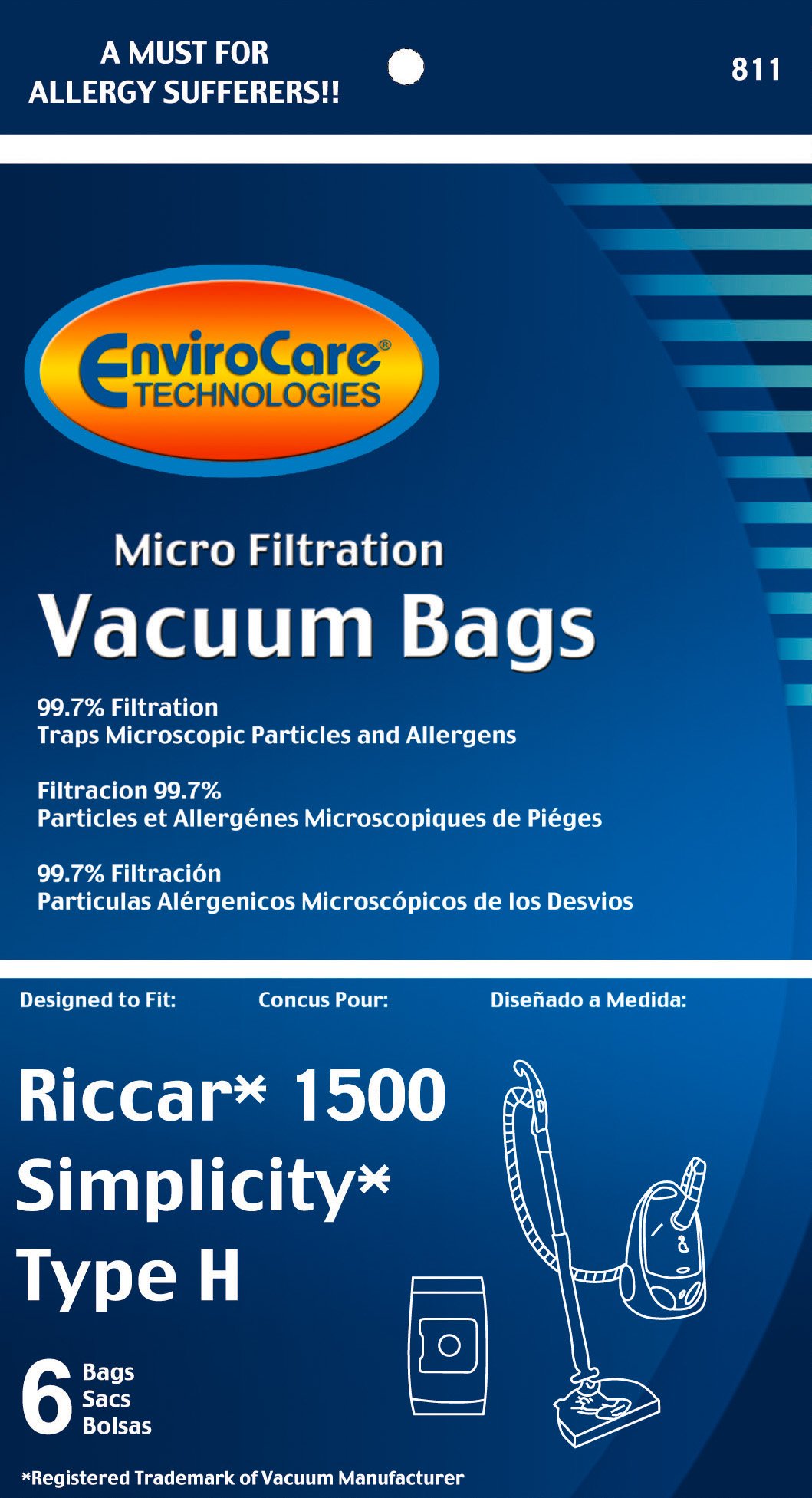 EnviroCare Replacement Micro Filtration Vacuum Cleaner Dust Bags - 6 Pack for Riccar 1500 & Simplicity Type H Canister Vacuums | High-Efficiency Dust Collection for Pet Hair, Allergies & Home Cleaning