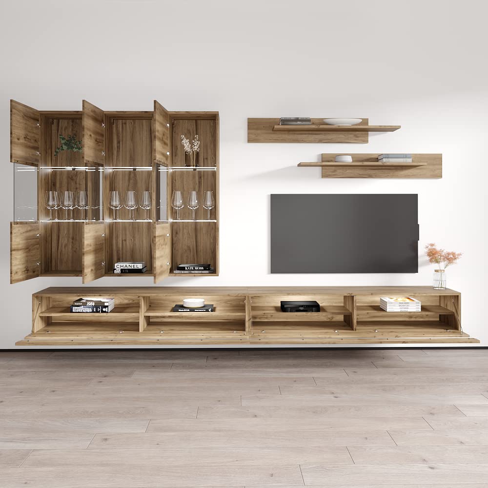 Modern Floating TV Stand with Storage & LED Lights - Wall-Mounted Entertainment Center for Living Room & Bedroom - Oak Wood TV Console with Shelves - Perfect for Small Spaces & Home Theater Setup