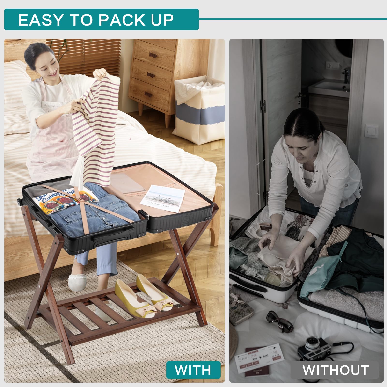 Babion Heavy Duty Folding Luggage Rack with Shelf - 2 Tier Wooden Suitcase Stand with Nylon Belts - Space Saving Foldable Bag Holder for Bedroom, Guest Room, Closet Organization (4 Pack) - Perfect for Travel Storage & Small Space Living