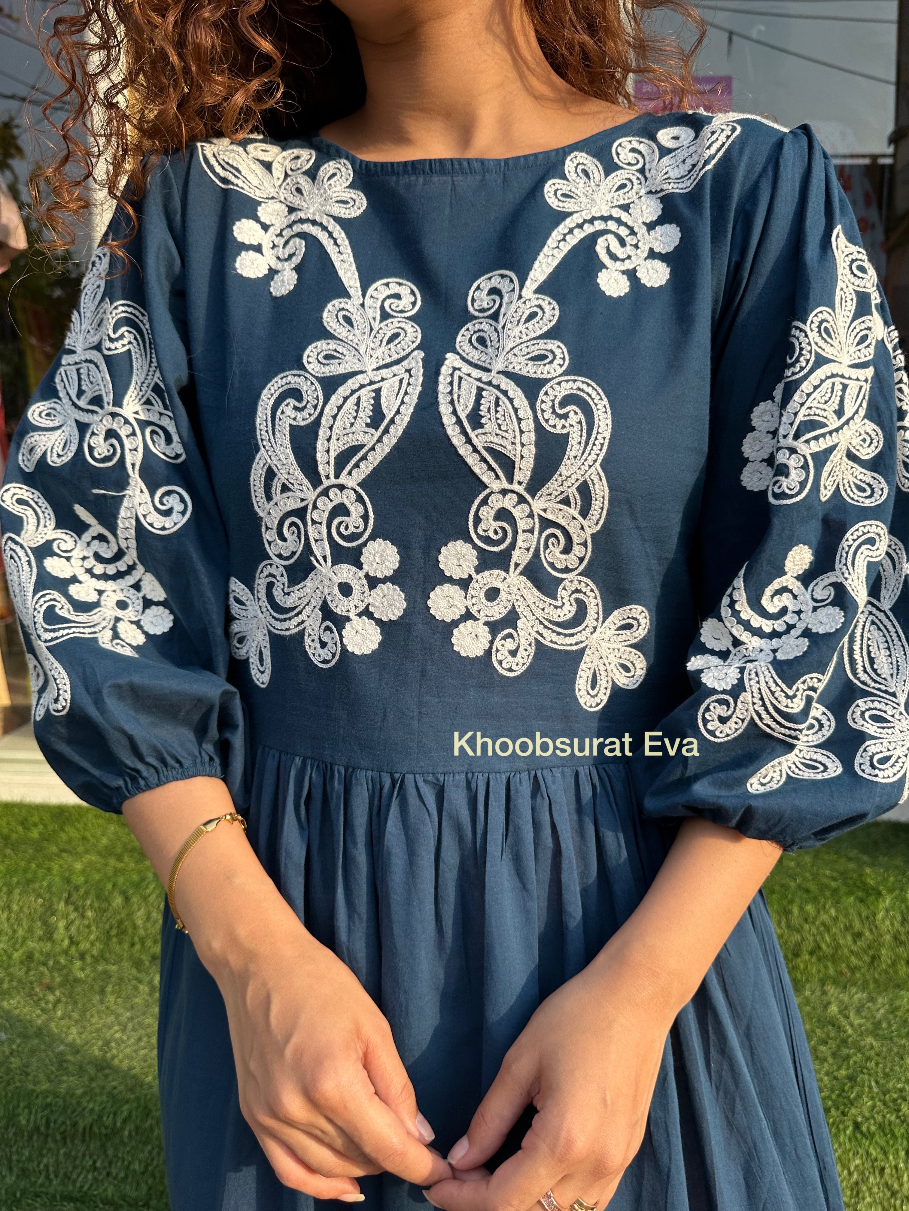 Women's Cotton Bloom Blue Maxi Dress - Flowy Summer Beach Dress for Vacation, Party & Casual Wear
