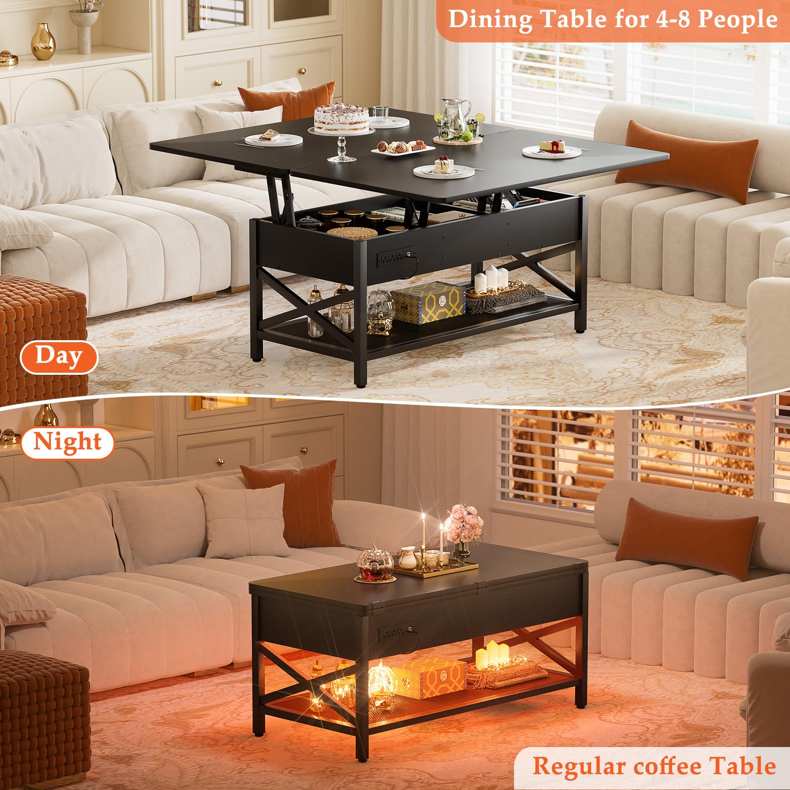 Aheaplus Multi-Function Lift Top Coffee Table with LED Light & Power Outlet, Converts to Dining Table, Center Table with Shelves for Living Room, Home Office, Reception, Perfect for Small Spaces and Modern Homes