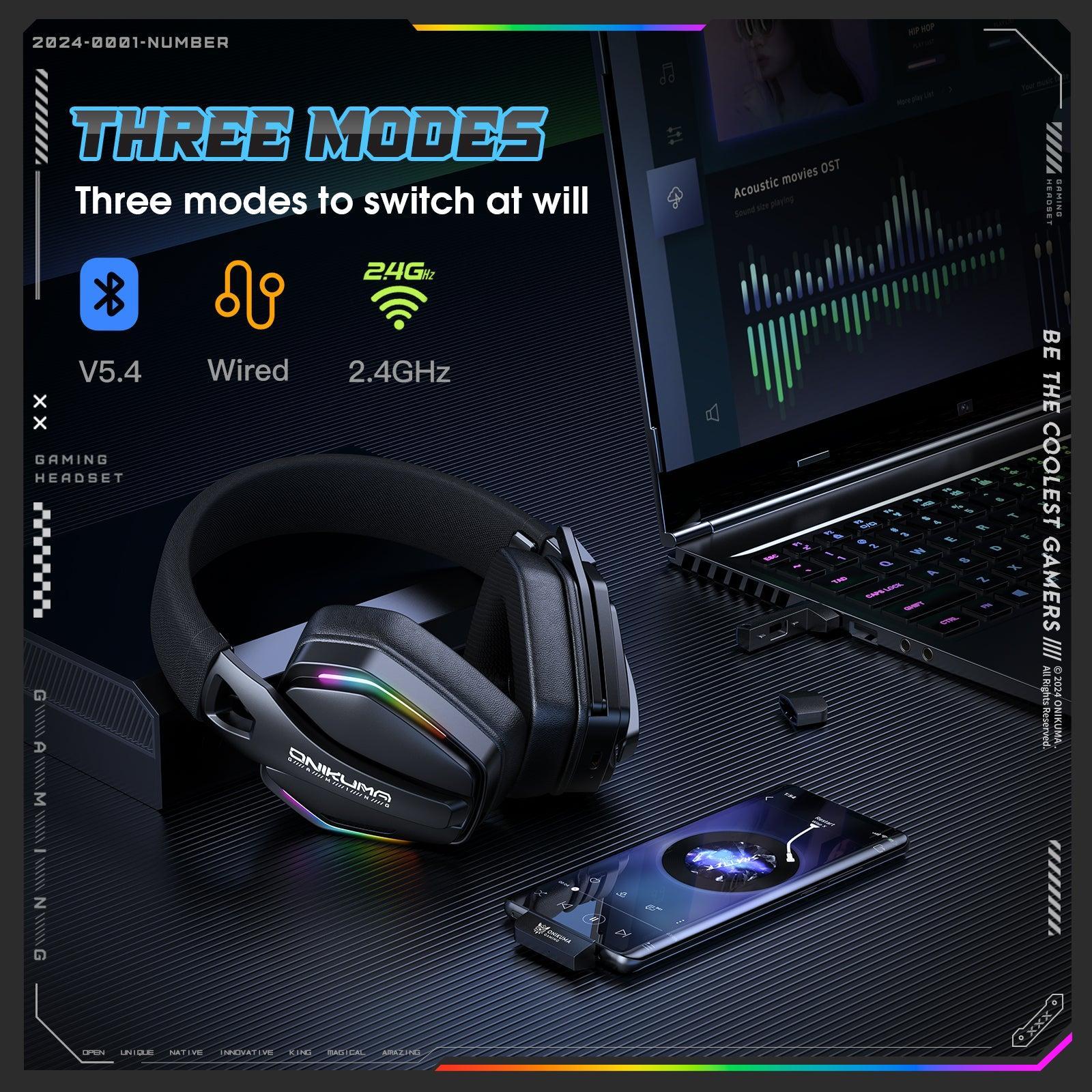 ONIKUMA GT826 Gaming Headset with Microphone - 2.4GHz Wireless/Bluetooth/Wired 3 Modes - Lightweight Over-Ear Headphones for PC, PS5, Xbox, Mobile Gaming & Online Meetings