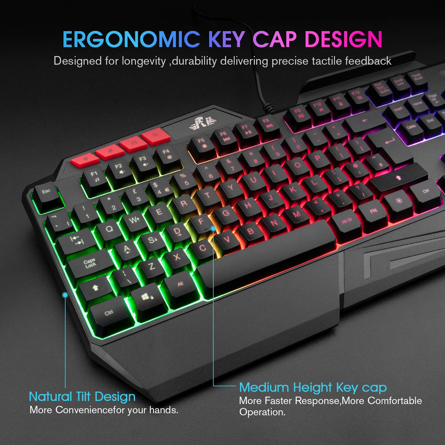 Rii RK202 Gaming Keyboard - Rainbow Backlit, Spill-Resistant for PC, Laptop, Xbox, PS4/5 - Perfect for Gaming & Office Use