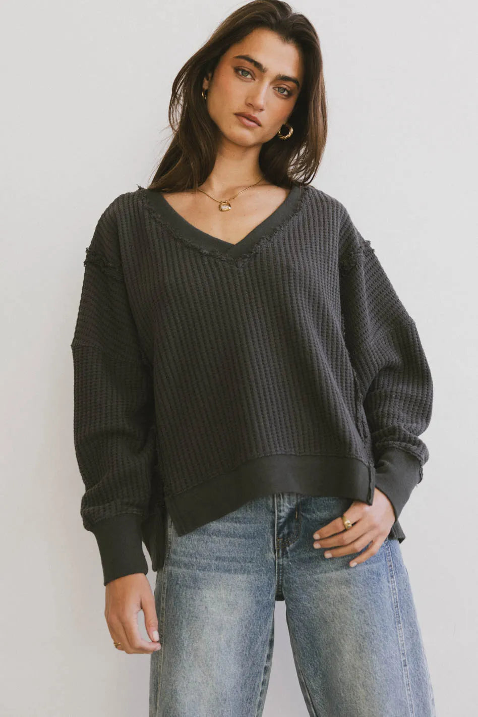 Ellis Waffle Knit Top Women's Long Sleeve Thermal Shirt in Charcoal Grey - Cozy Winter Layering Piece for Casual Outfits & Outdoor Activities