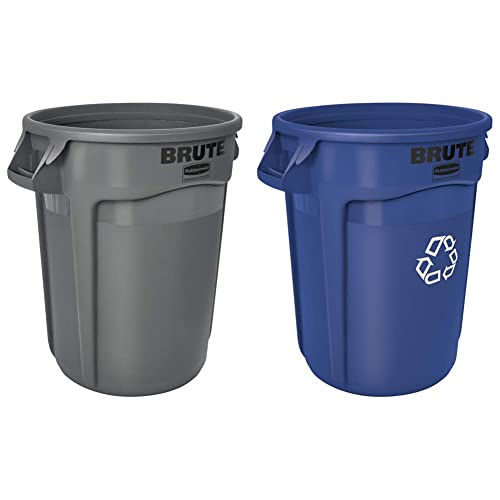 Rubbermaid Commercial Heavy-Duty 32 Gallon Gray Trash Can & 20 Gallon Blue Recycling Bin Set - Durable Garbage & Compost Containers for Home, Office, Restaurant, and Outdoor Use