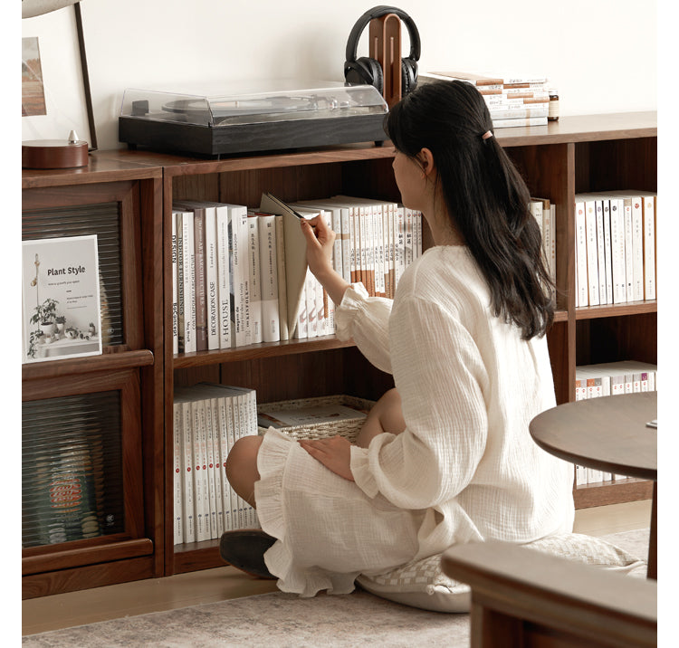 Solid Black Walnut Wood Bookshelf - Low Profile Wall Mounted or Floor Standing Cabinet for Living Room, Bedroom & Home Office Storage