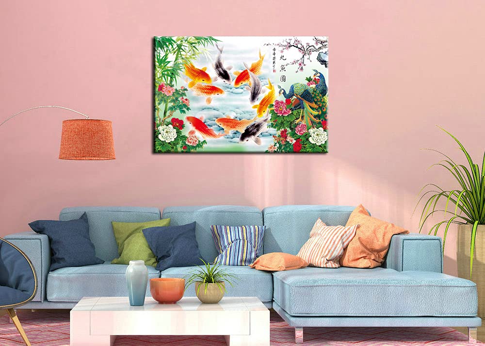 HYLOVE FISH Art - Chinese Style Feng Shui Koi Fish & Peacock Bamboo Painting, Stretched Canvas Wall Art Home Decor (24x16 Inch) - Perfect for Living Room, Bedroom, Office & Zen Meditation Space