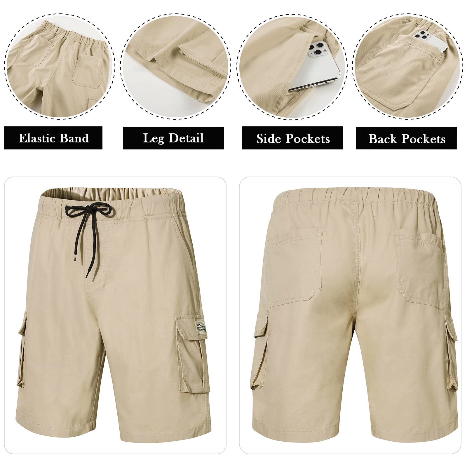 MSMSSe Men's Cargo Shorts with Elastic Waist & Drawstring - Breathable Cotton Summer Casual Workout Shorts for Gym, Hiking, and Outdoor Activities