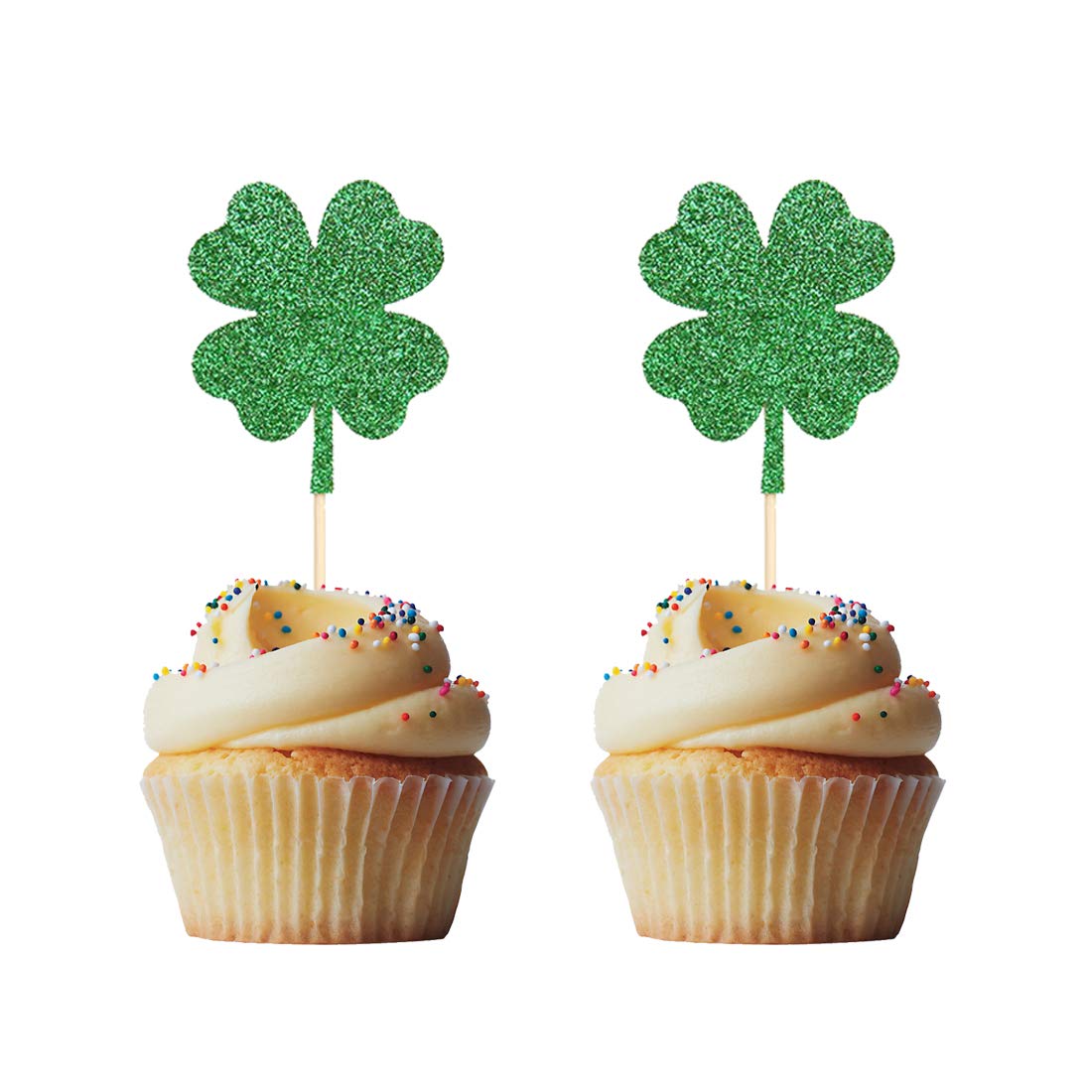 24 PCS Green Glitter Clover Cupcake Toppers - St Patrick's Day & Party Decor