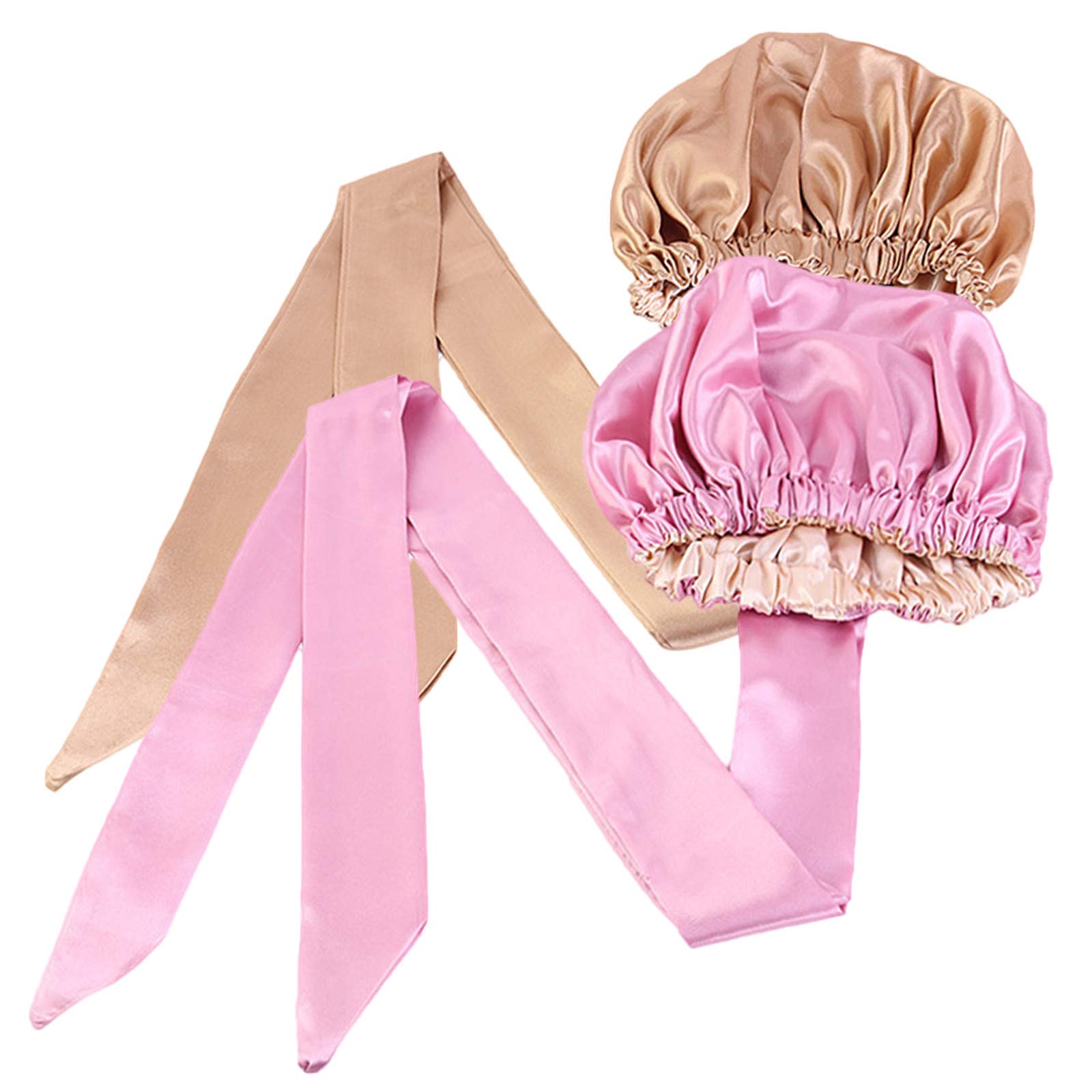 Qianmome 2-Piece Satin Bonnet with Long Ribbon Wrap - Double Layer Headwrap for Women - Large Size Hair Cover Cap for Sleeping & Protective Styling