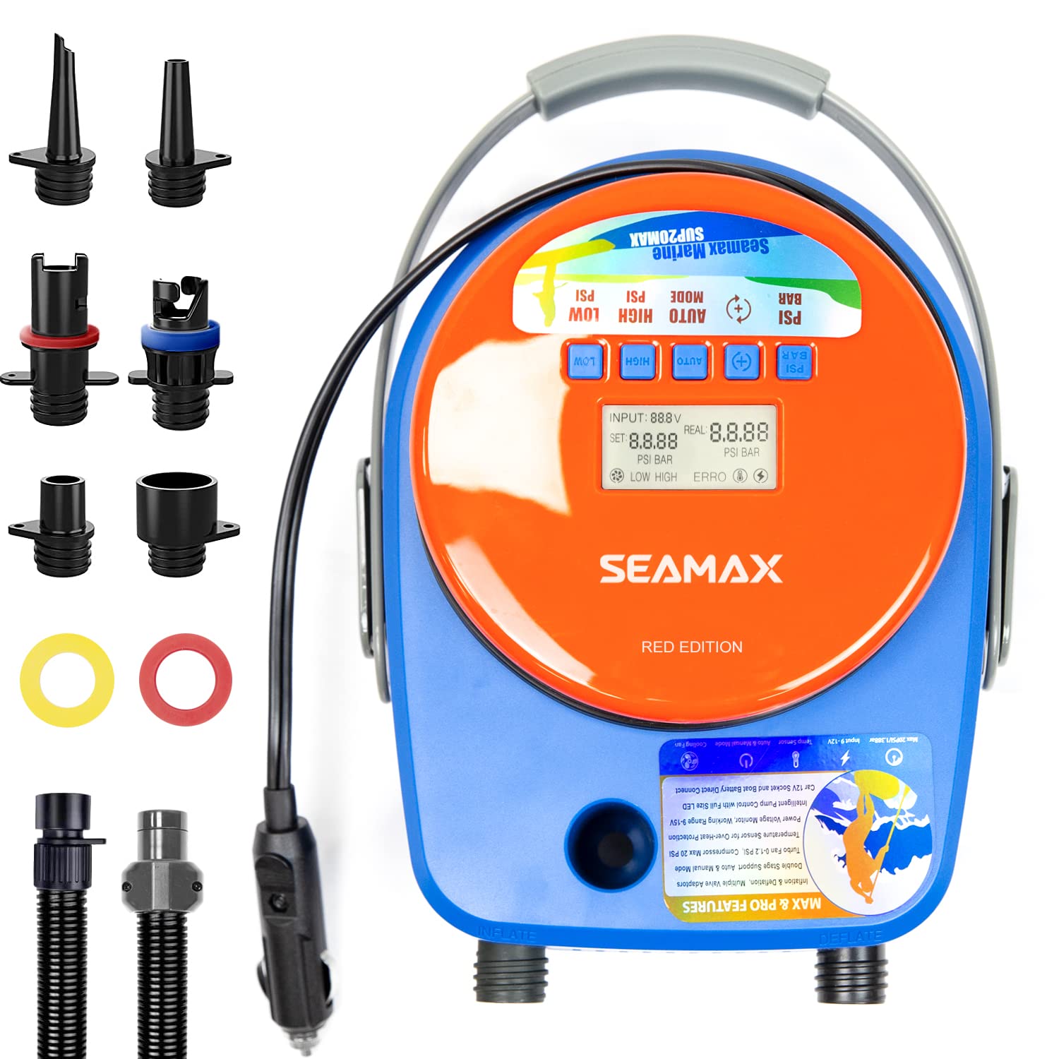 Seamax SUP20Max 20PSI Electric Air Pump for Inflatable SUP, Boat, Pool Floats - Dual Stage Fast Inflation with Smart Temperature Sensor & Auto Shutoff - Perfect for Water Sports, Beach Days, and RV Camping