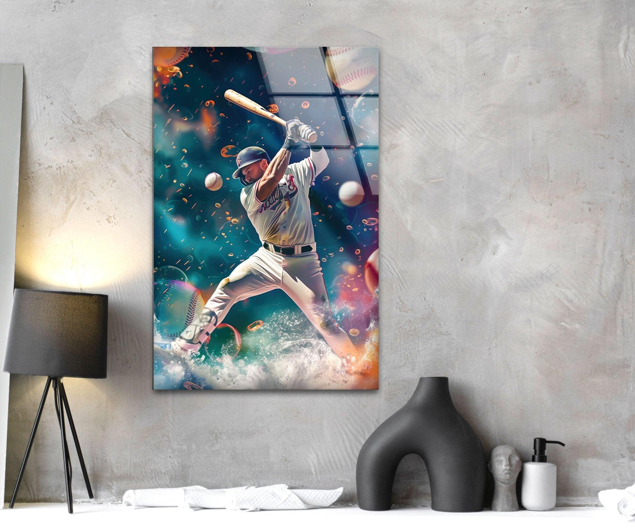Baseball Player Glass Wall Art - Handmade Sports Decor for Home & Office - Perfect for Man Cave, Game Room, or Sports Bar