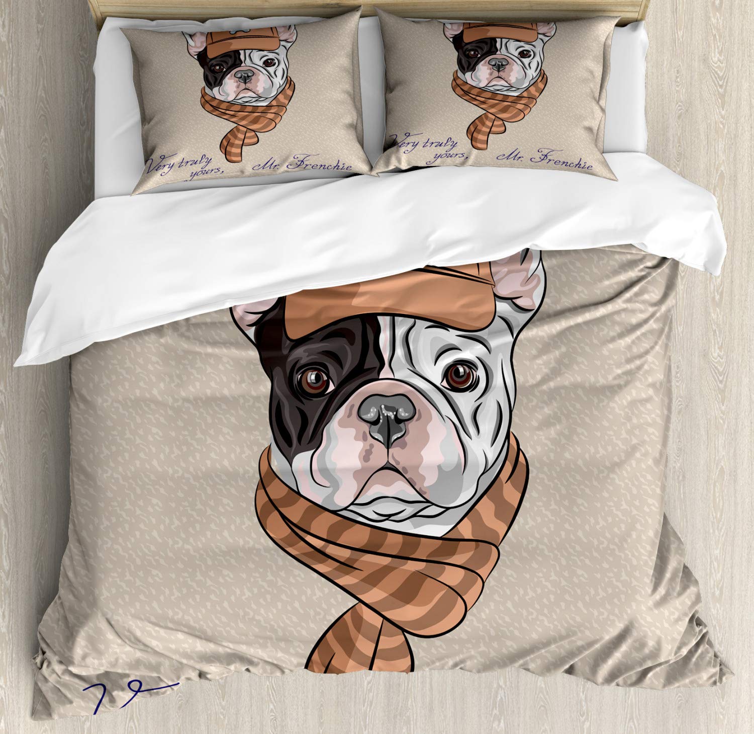 Ambesonne Dog Duvet Cover Set - Cartoon Bulldog with Cap & Scarf French Fashion Print, 3-Piece Queen Size Bedding Set with 2 Pillow Shams in Tan & Brown | Perfect Gift for Dog Lovers, Cozy Bedroom Decor for Winter