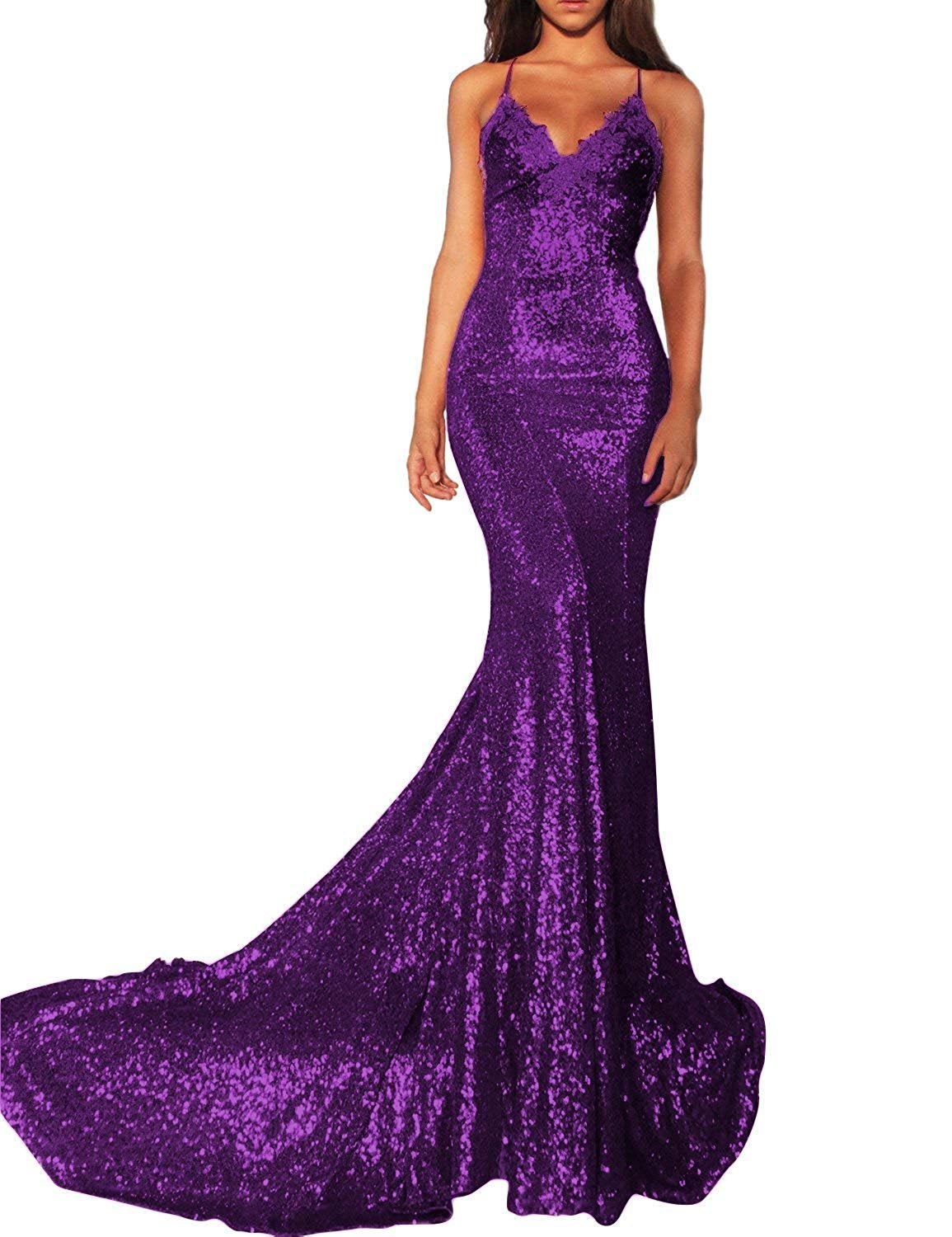 Sparkly Sequin Mermaid Prom Dress for Women - V Neck Spaghetti Straps Backless Evening Gown for Homecoming, Party & Special Occasions