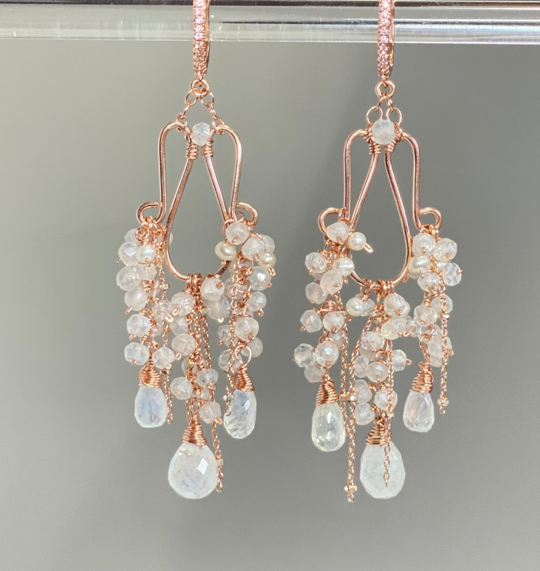 Rainbow Moonstone Rose Gold Chandelier Earrings | Boho Bridal Wedding Jewelry | Statement Dangle Earrings for Women | Perfect for Weddings, Parties & Special Occasions