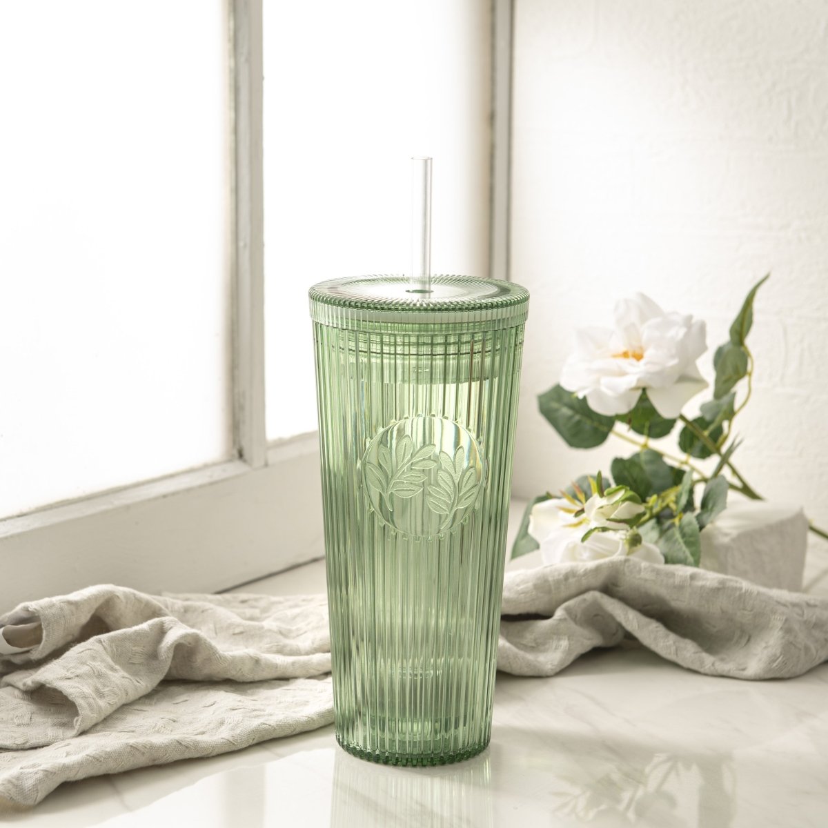 26oz Insulated Tumbler with Straw & Leak-Proof Lid - Cute Floral Silicone Straw Tips in Botanica Green - Perfect for Iced Coffee, Smoothies & Outdoor Activities