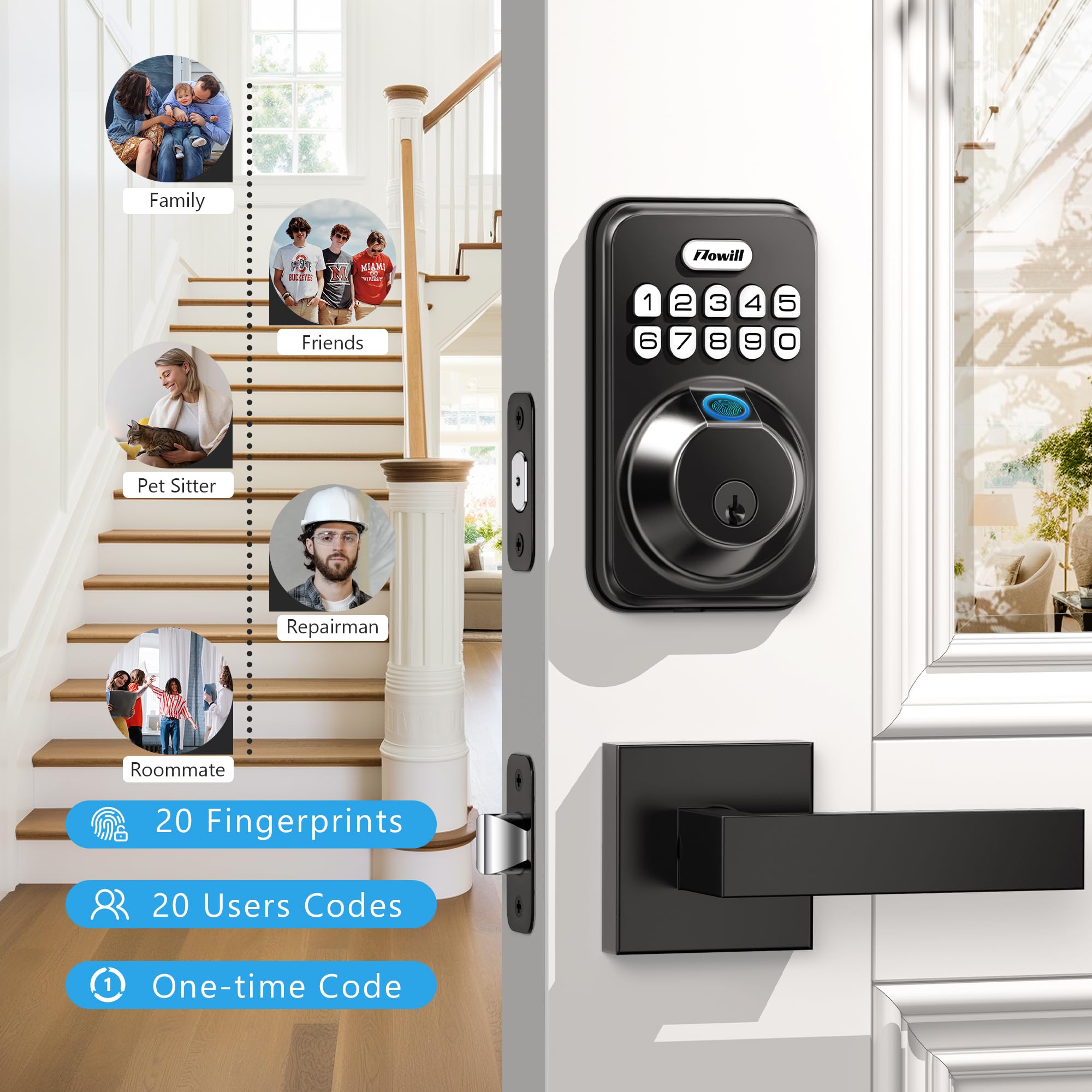 Zowill Smart Fingerprint Door Lock - Keyless Entry Keypad Lock with 2 Handles, Auto Anti-Peeping Password, Electronic Deadbolt - Easy Installation for Homes & Apartments | Perfect for Secure Front Door Access & Vacation Rentals